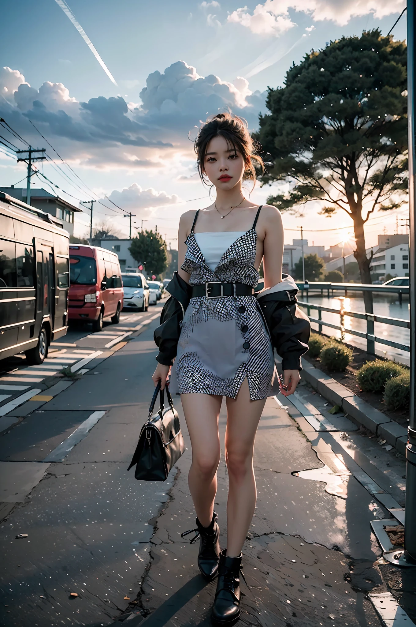 best qualtiy, tmasterpiece, Girls dress coolly,photograph realistic, Complicated details, RAW photogr, Photon rendering, rendering by octane, absurderes, ultra - detailed, 详细的脸, Detailed skins, The trend is at ArtStation,8K masterpiece, cinmatic lighting, scenecy, scenecy, No Man, view over city, Skysky, 城市, clouds, exteriors, build, the sunset, City lights, bru, flod, The tree, roadn, artistname,