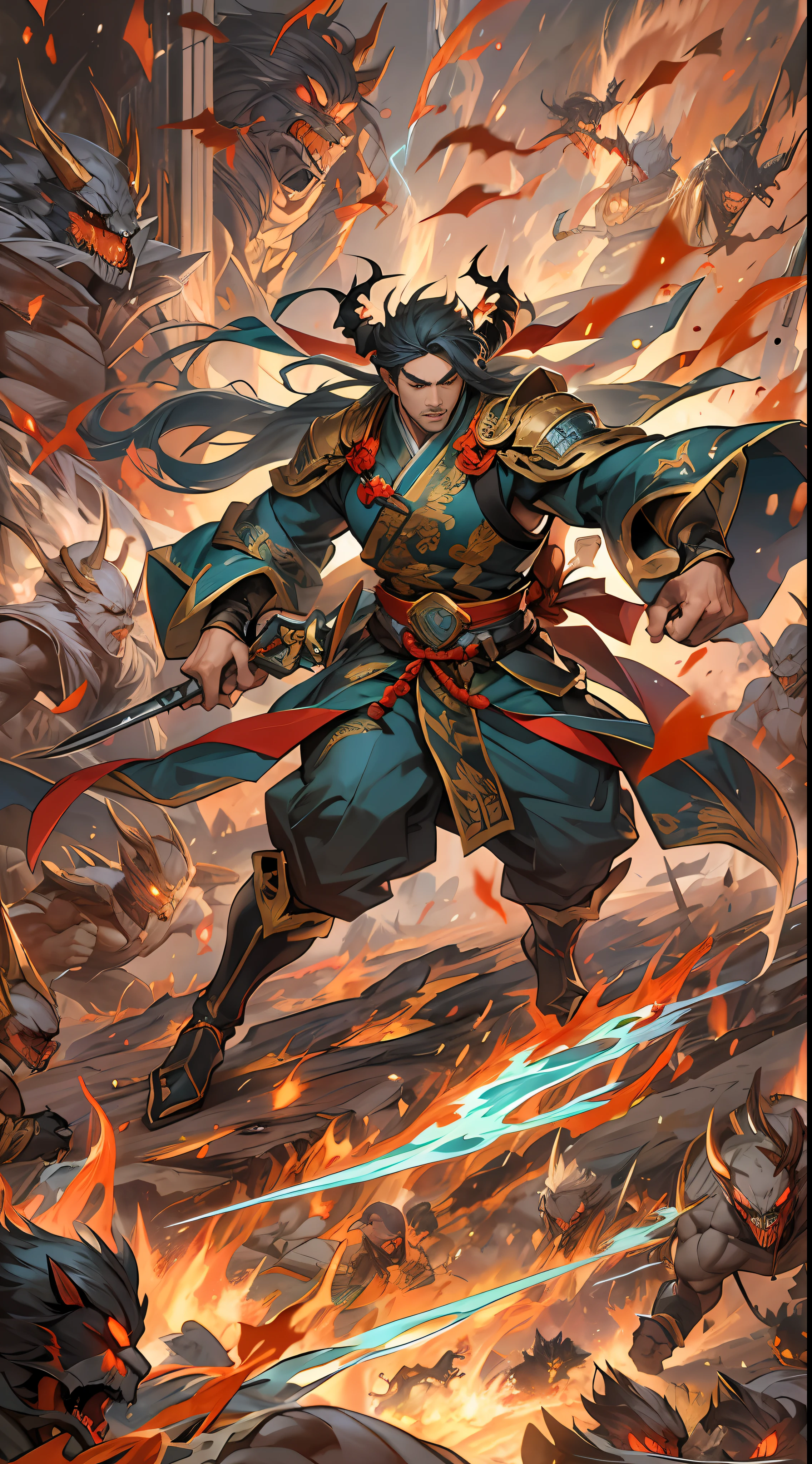 Li Gu demonstrates his terrifying power in the battle, defeating the forces of the Ten Thousand Demon League and the Unity Sect, Li Gu moves like lightning, wielding his weapon with destructive attacks, soldiers of the Ten Thousand Demon League and the Unity Sect are fragile in front of him, unable to withstand his terrifying power, , 32k, best quality, masterpiece, super detail, high details