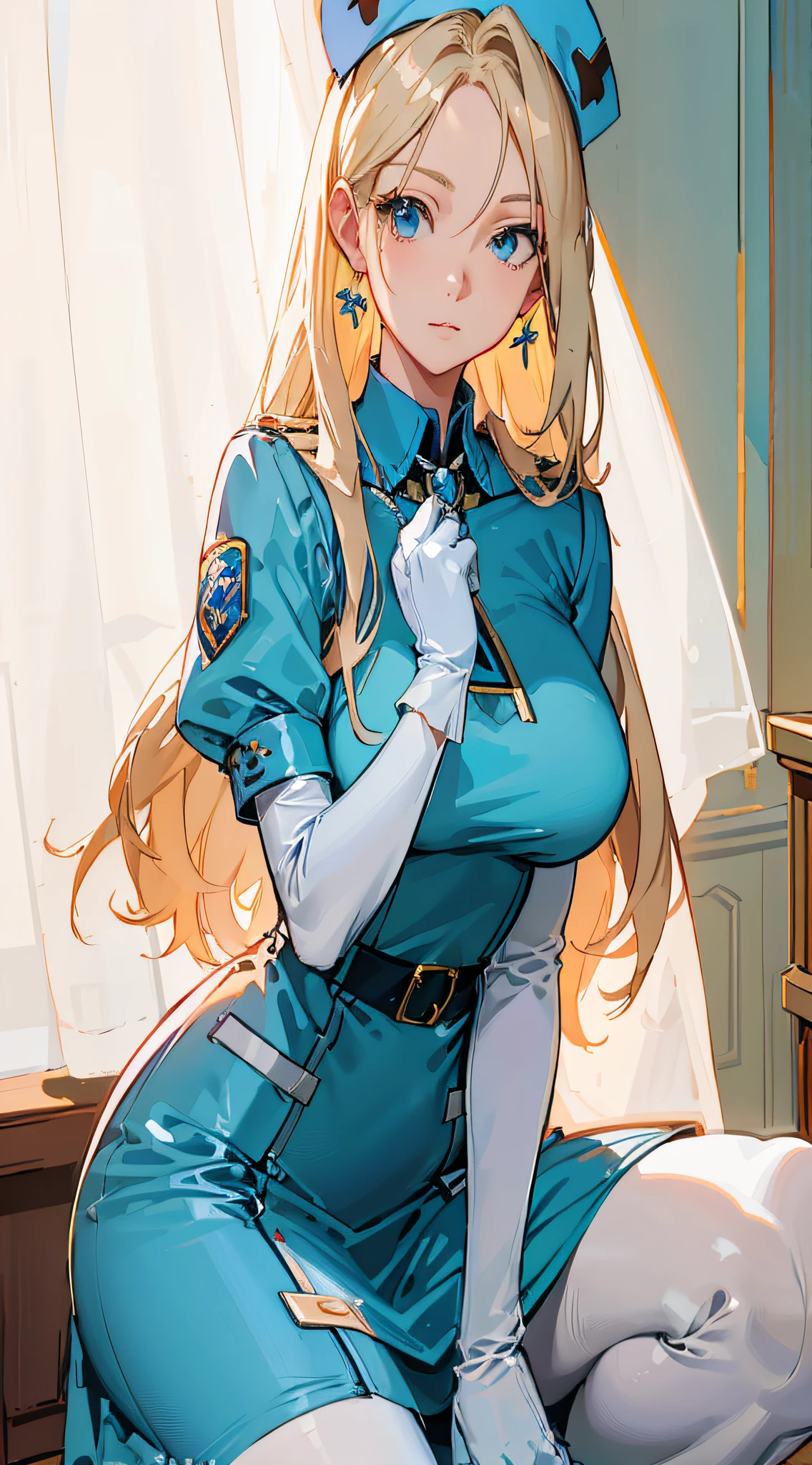 Anime - A style image of a woman in a blue uniform kneeling on a chair, Extremely detailed Artgerm, Style Artgerm, Kushatt Krenz Key Art Women, Best Rated on pixiv, trending on artstation pixiv, Range Murata and Artgerm, Artgerm style, Blonde anime girl with long hair
