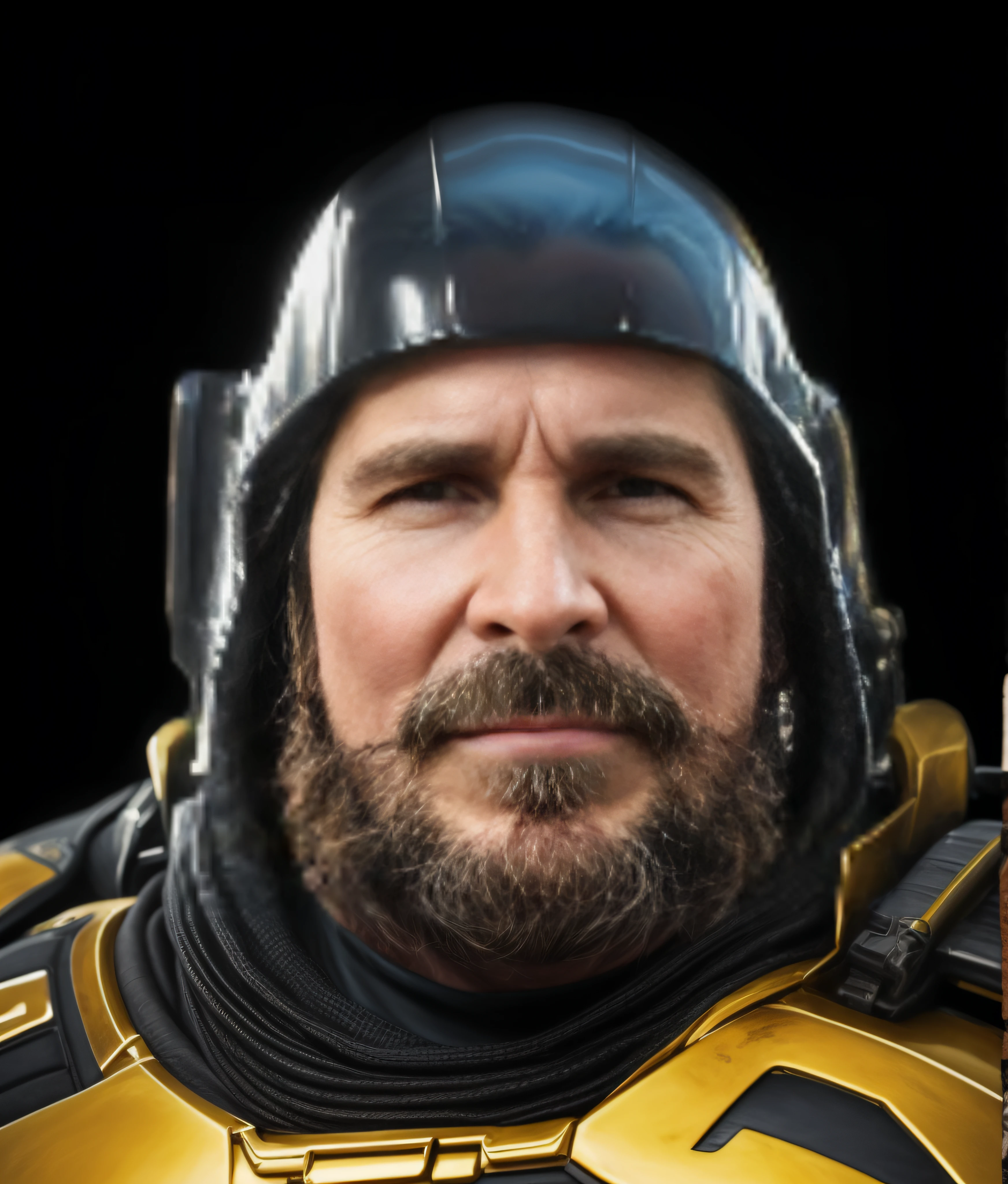 A close up photo of actor Christian Bale in a iron damaged helmet and a realistic beard and graying realistic hair, Apex Legends Armor style, cinematic bust portrait, epic diptych, Christian Bale realistic, highly detailed photo, studio quality render, face details 8K, stunning art, beautiful art, serious look, facial symmetry, portrait of Christian Bale, beautiful art, realistic mature male, Christian Bale, amazing art, Cristopher Nolan Art --auto