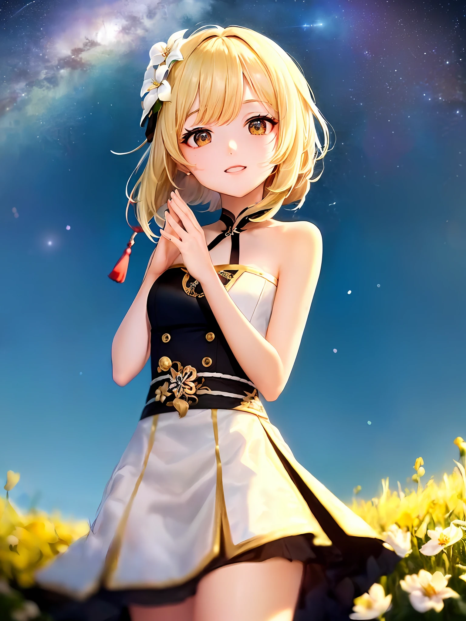 (巨作:1.2), (Best quality:1.2), 1girll, (Single person:1.2)，Cowboy shot, Upper body body，(Cinematic light:1.2)，(Perfect Hand 1.5)， Slender beautiful legs，golden hair，short detailed hair，Wear white flowers on your head，Playful，Hide hands，(Prairie under the stars:1.2)，lumnious_Genshin_impact,