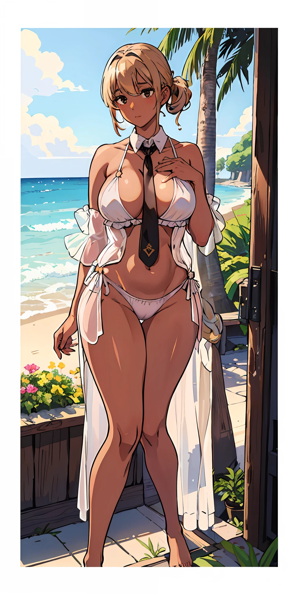 (top-quality、​masterpiece)、1girl in、(((wonderment)))、A stunning、a blond、barechested、Sheer clothes、(((Brown skin tone)))、sun burn、Mole、(((Colossal tits)))、large full breasts、Sheer areol、Pink underwear is visible、Show underwear、neck tie、I can see my chest a little