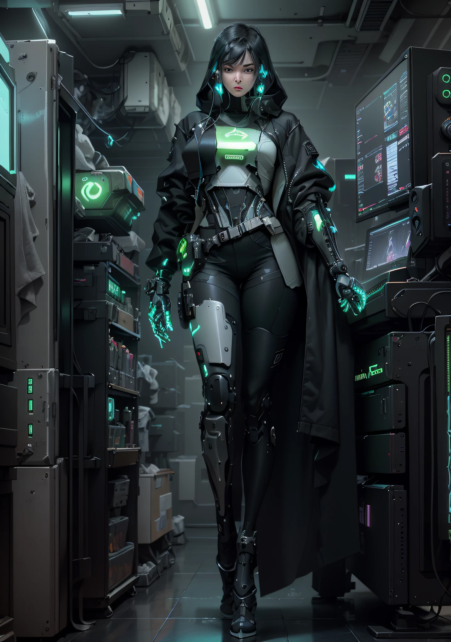 （（best qualtiy））， （（tmasterpiece））， （The is very detailed：1.3）， 3D， big breasts beautiful （cyber punk perssonage：1.3） Female hacker，Green coat，Mechanical limbs，Thick hair，Operate a computer terminal、computer servers、LCD screens、Fiber optic cable、Corporate logo、HDR（HighDynamicRange）、Ray traching、NVIDIA RTX、Hyper-Resolution、illusory 5、sub surface scattering、PBR Texture、Post-processing、Anisotropic filtering、depth of fields、Maximum clarity and sharpness、Many-Layer Textures、Albedo e mapas Speculares，Surface Coloring，Accurately simulate photo-material interactions，perfectly proportions，rendering by octane，twotonelighting，Low ISO，White balance，trichotomy，Wide aperture，8K RAW，High-Efficiency Sub-Pixel，sub-pixel convolution，Luminous Particle，