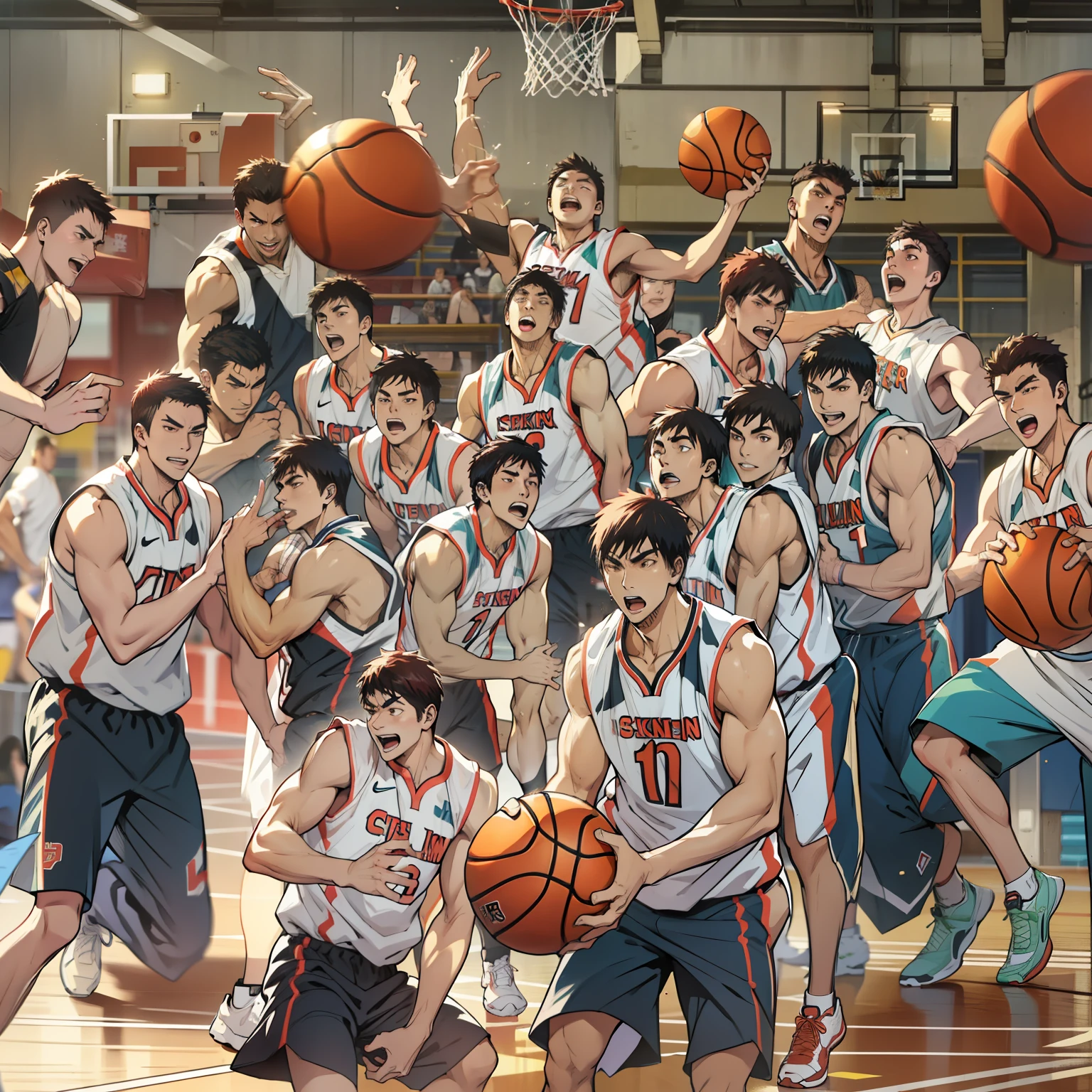 wearing basketball jersey,basketball, full team, wearing track and field suit, opening shot, jinyiwei, Extremely quality, Playing basketball, nanquan, everyone having fun，Like a slam dunk