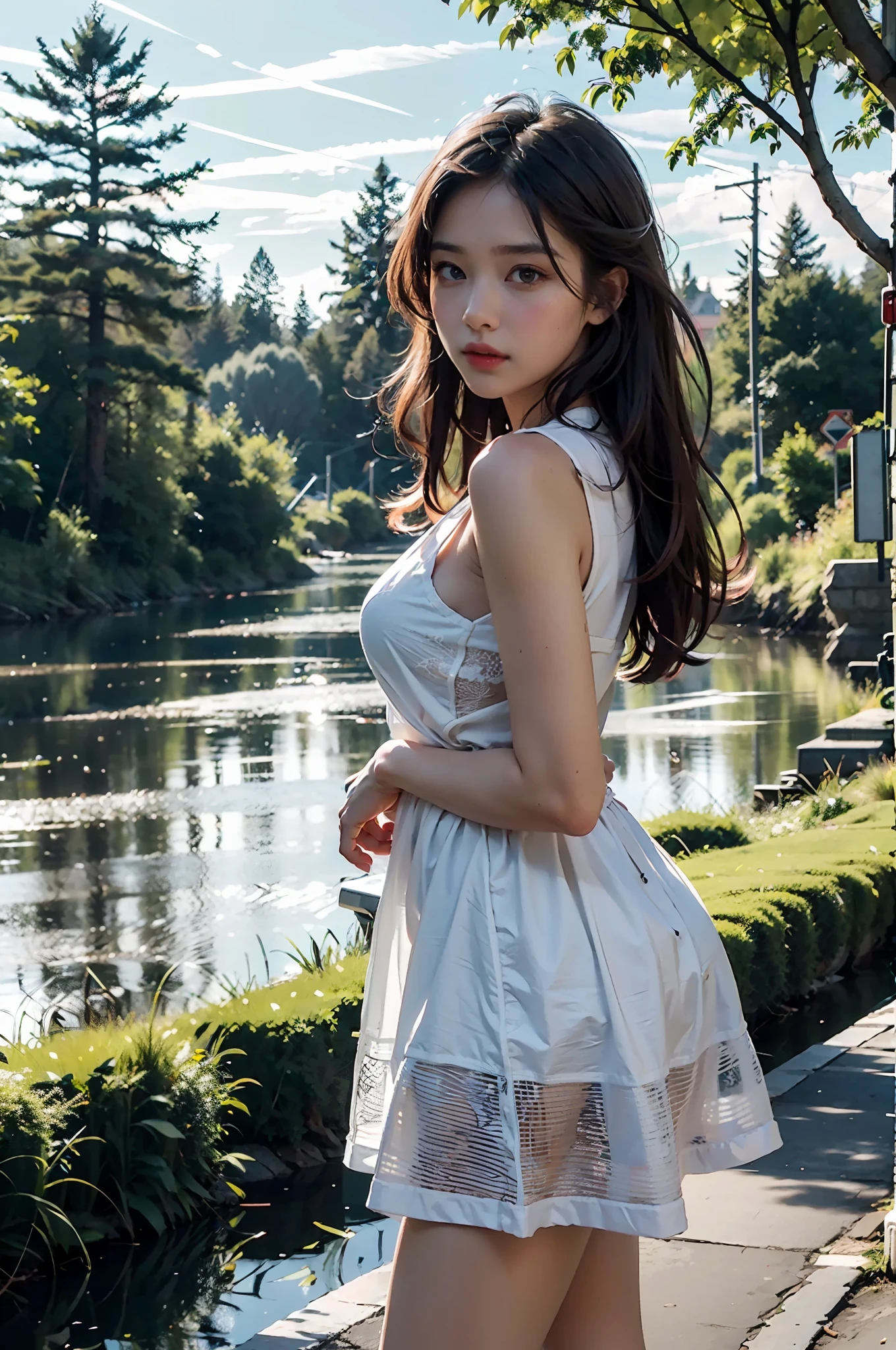 best qualtiy，tmasterpiece，Real details，RAW photogr，Photon and octane rendering，ultra-detailliert， Facial features are naturally delicate，Skin immersion is real，Fashion is derived from artstation，8k wallpaper masterpiece，Art film lighting，City view，No man's land，The sky is full of atmosphere，Flashing city lights，Flowing rivers，Tall trees in the forest，urban buildings， Road traffic congestion，The bridge leads straight into the distance，Sunset，Outdoor pristine，Art, landscape, humanistic background。