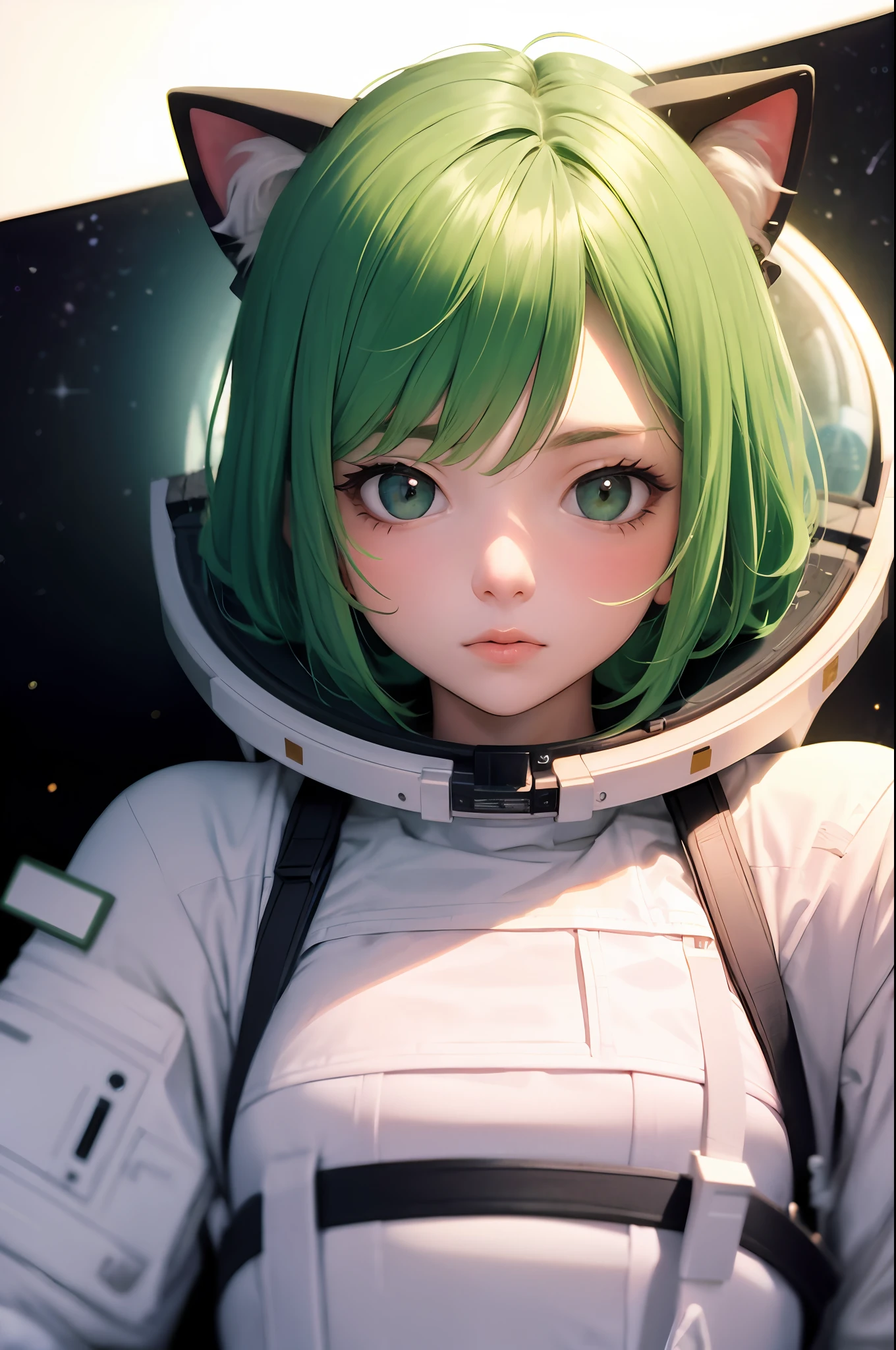 masterpiece,best quality,15 years old girl,upper body,cat ear, green short messy hair, stunning beautiful face, astronaut girl, wearing decorted heavy space suits