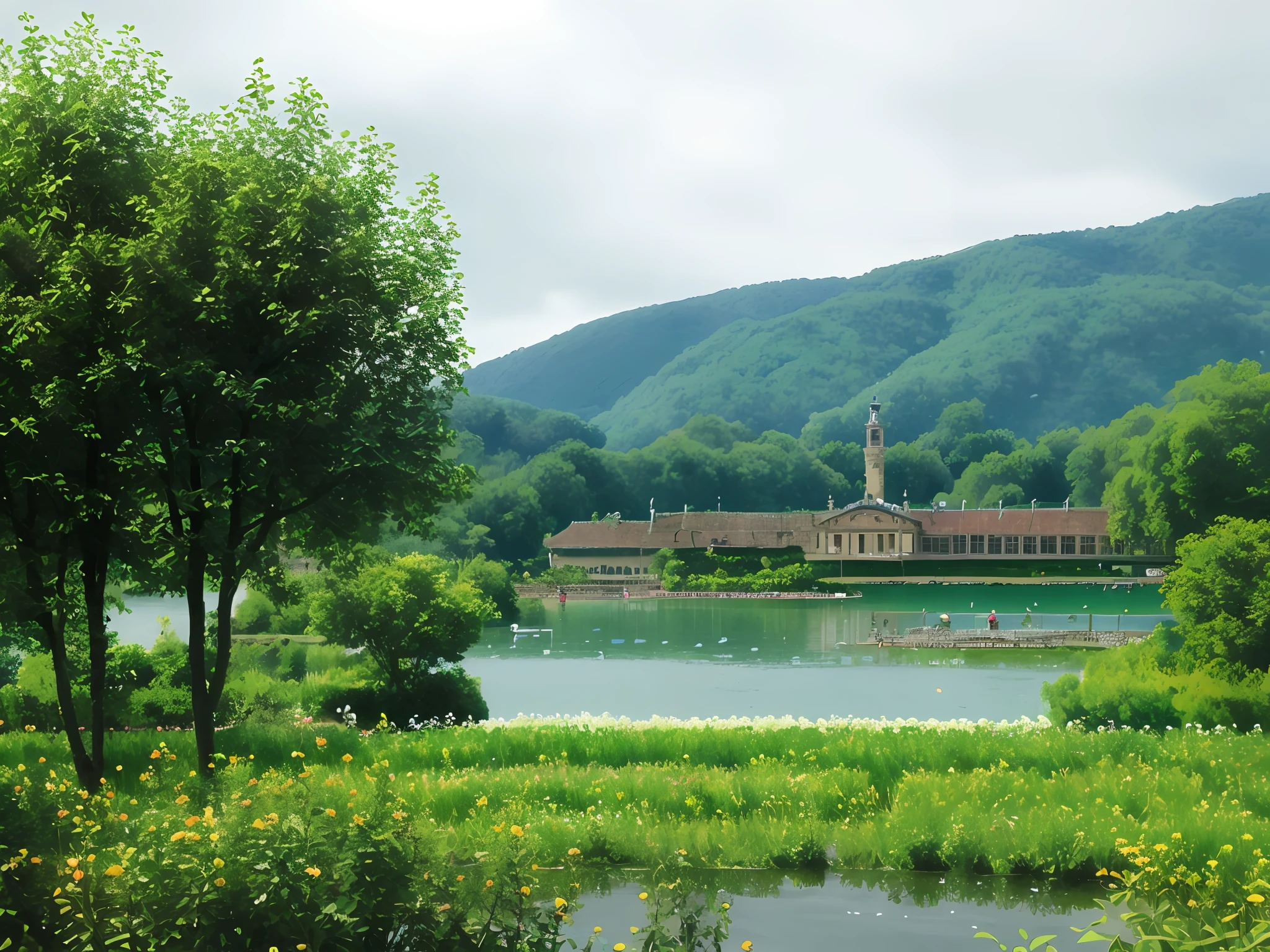 There is a large body of water,In the background is a building, Lake in the background, In Park,lakeside, lake in foreground, Building in the distance, river in the background, near a small lake, beautiful lake in the foreground, of a small village with a lake, royal palace near the lake, building along a river,raining day,Drizzle