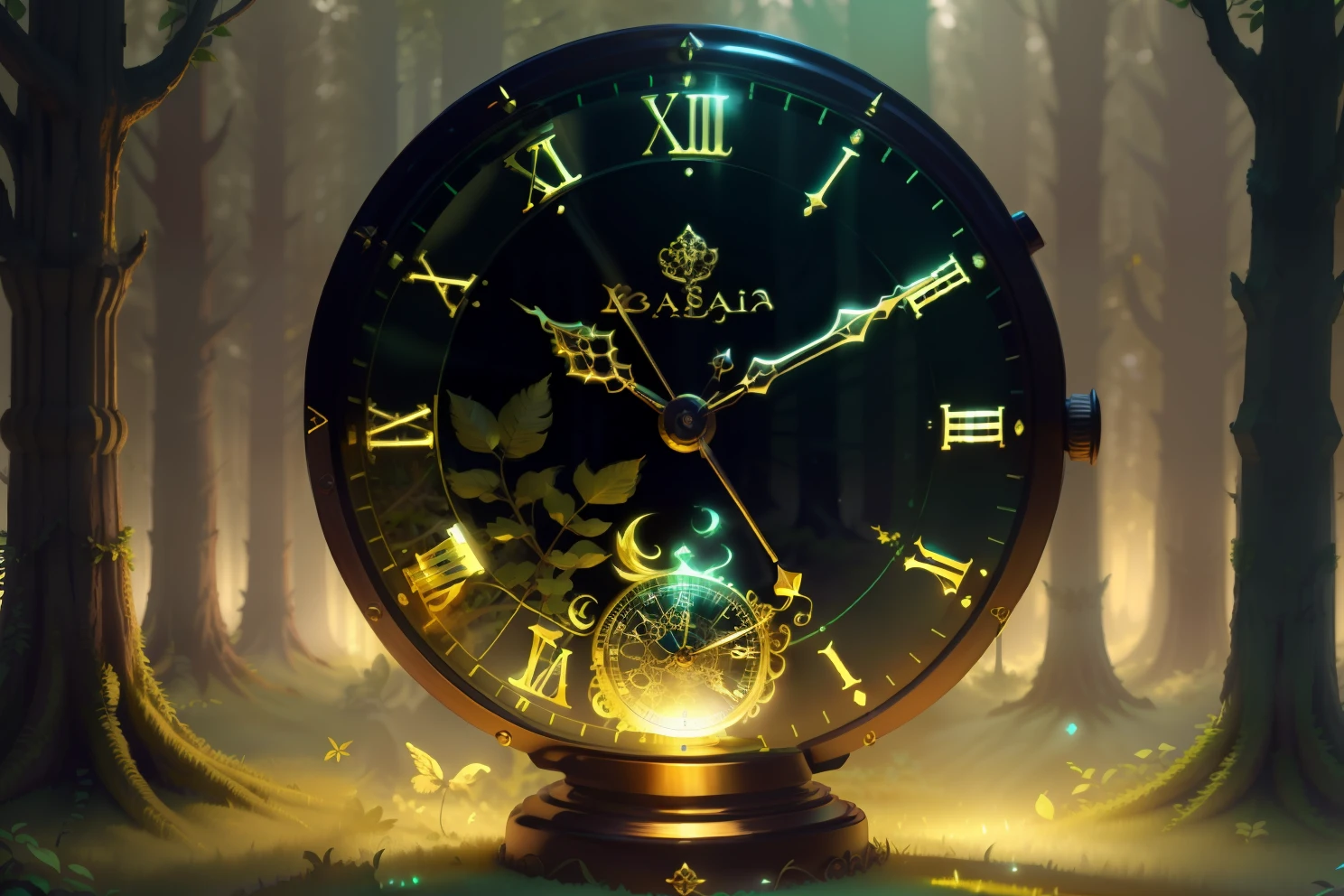 photo of a large hand holding an antique gold watch, flores, magia-fantasia-floresta, arte digital, most amazing art in the world, ((sem humanos)), Light Volumetric, cores suaves equilibradas, forest scenario, videiras, uhd, render de octanas 8k, magica, Awesome, ethereal, intrincado, design intrincado, ultra sharp, sombras, cores mais frias, trend in CGSociety, ((melhor qualidade)), ((obra-prima)), (detalhado), Antique clock