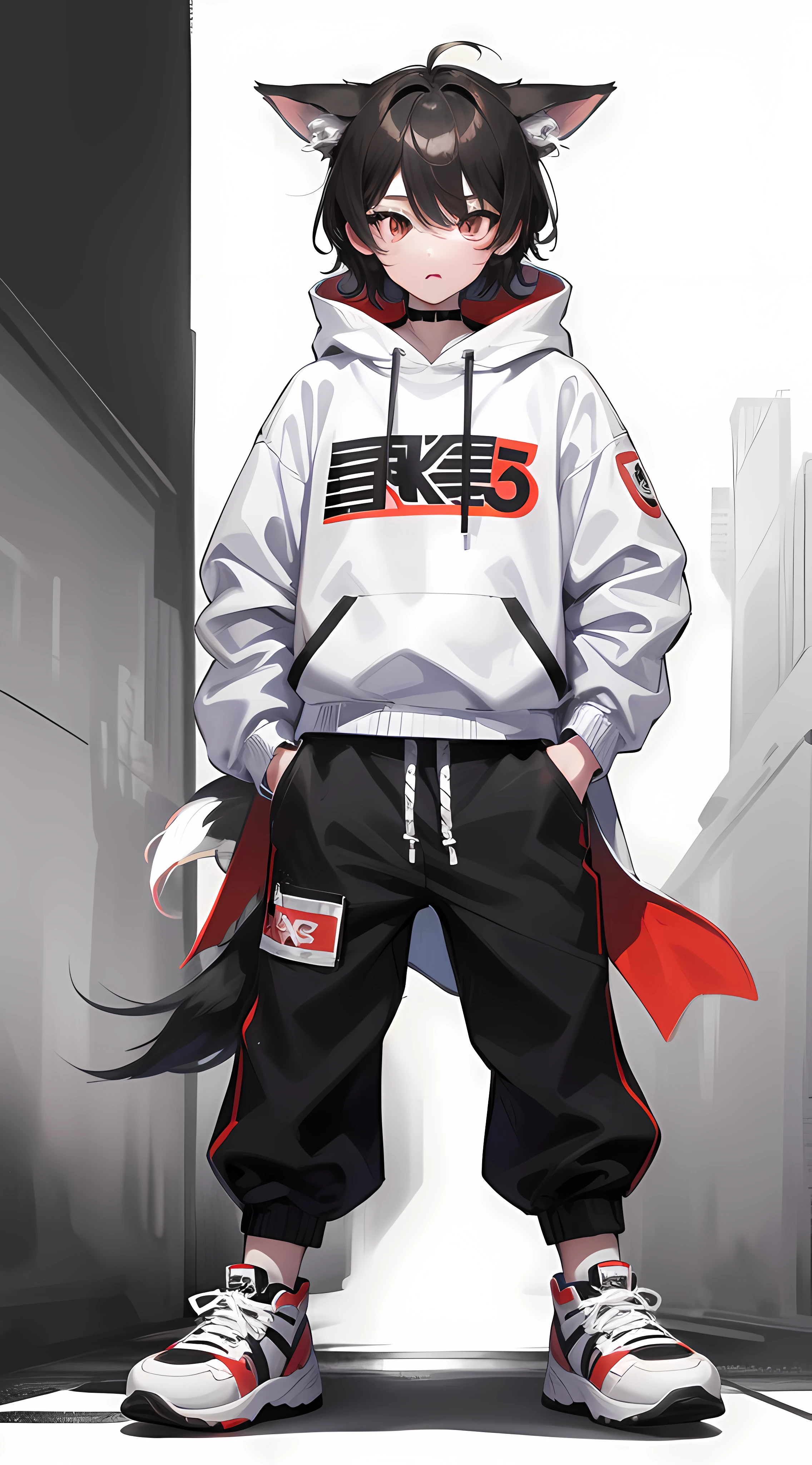 full body Esbian　From head to shoes　Shota　Raise bangs　No bangs　The right outfit　Dobodobo Pants　Oversized high-cut sneakers　Beastman　White ears　Hybrid of wolf and man　kawaii　Deformed　White background　　Stand up straight　Highest image quality　８K　Straight in front