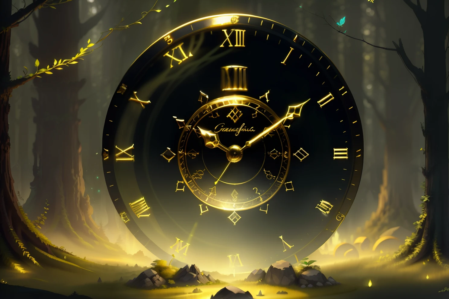 photo of a large hand holding an antique gold watch, flores, magia-fantasia-floresta, arte digital, most amazing art in the world, ((sem humanos)), Light Volumetric, cores suaves equilibradas, forest scenario, videiras, uhd, render de octanas 8k, magica, Awesome, ethereal, intrincado, design intrincado, ultra sharp, sombras, cores mais frias, trend in CGSociety, ((melhor qualidade)), ((obra-prima)), (detalhado), Antique clock