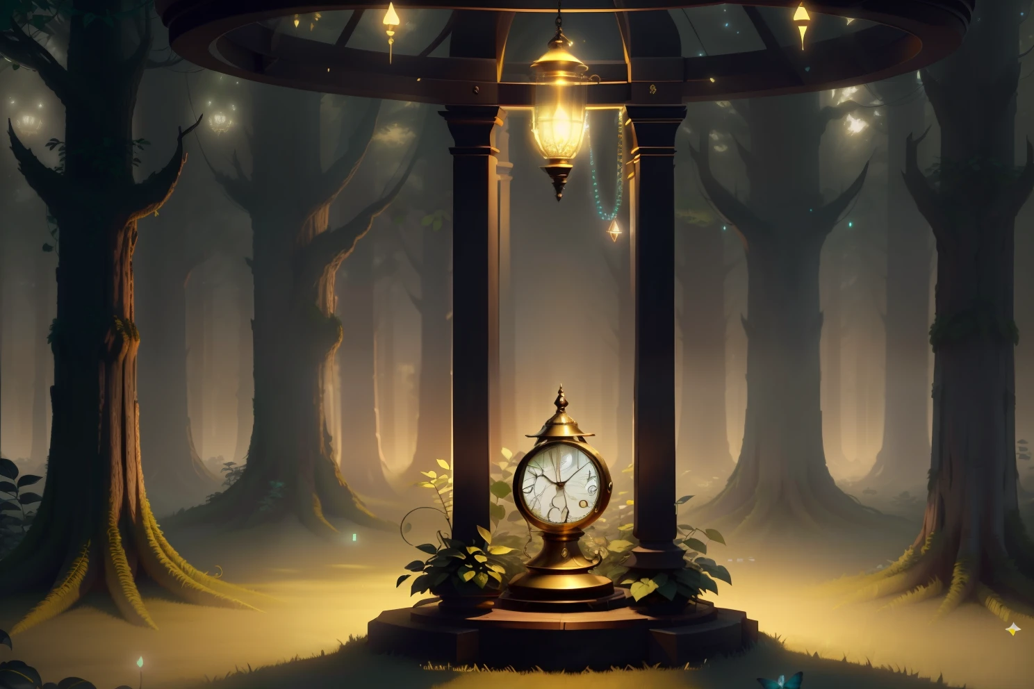 photo of a large hand holding an antique gold watch, flores, magia-fantasia-floresta, arte digital, most amazing art in the world, ((sem humanos)), Light Volumetric, cores suaves equilibradas, forest scenario, videiras, uhd, render de octanas 8k, magica, Awesome, ethereal, intrincado, design intrincado, ultra sharp, sombras, cores mais frias, trend in CGSociety, ((melhor qualidade)), ((obra-prima)), (detalhado), Antique clock