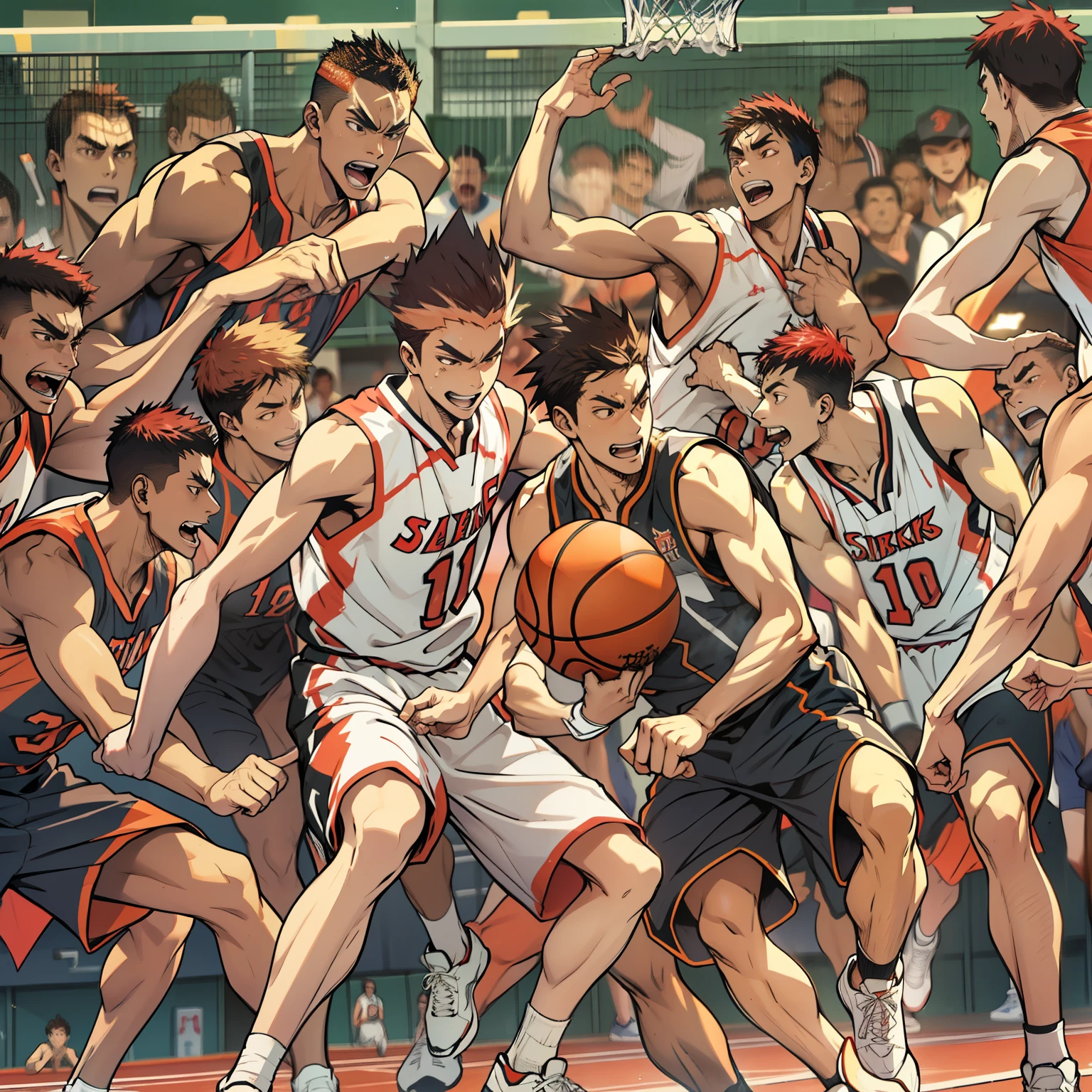 wearing basketball jersey,basketball, full team, wearing track and field suit, opening shot, jinyiwei, Extremely quality, Playing basketball, nanquan, everyone having fun，Like a slam dunk