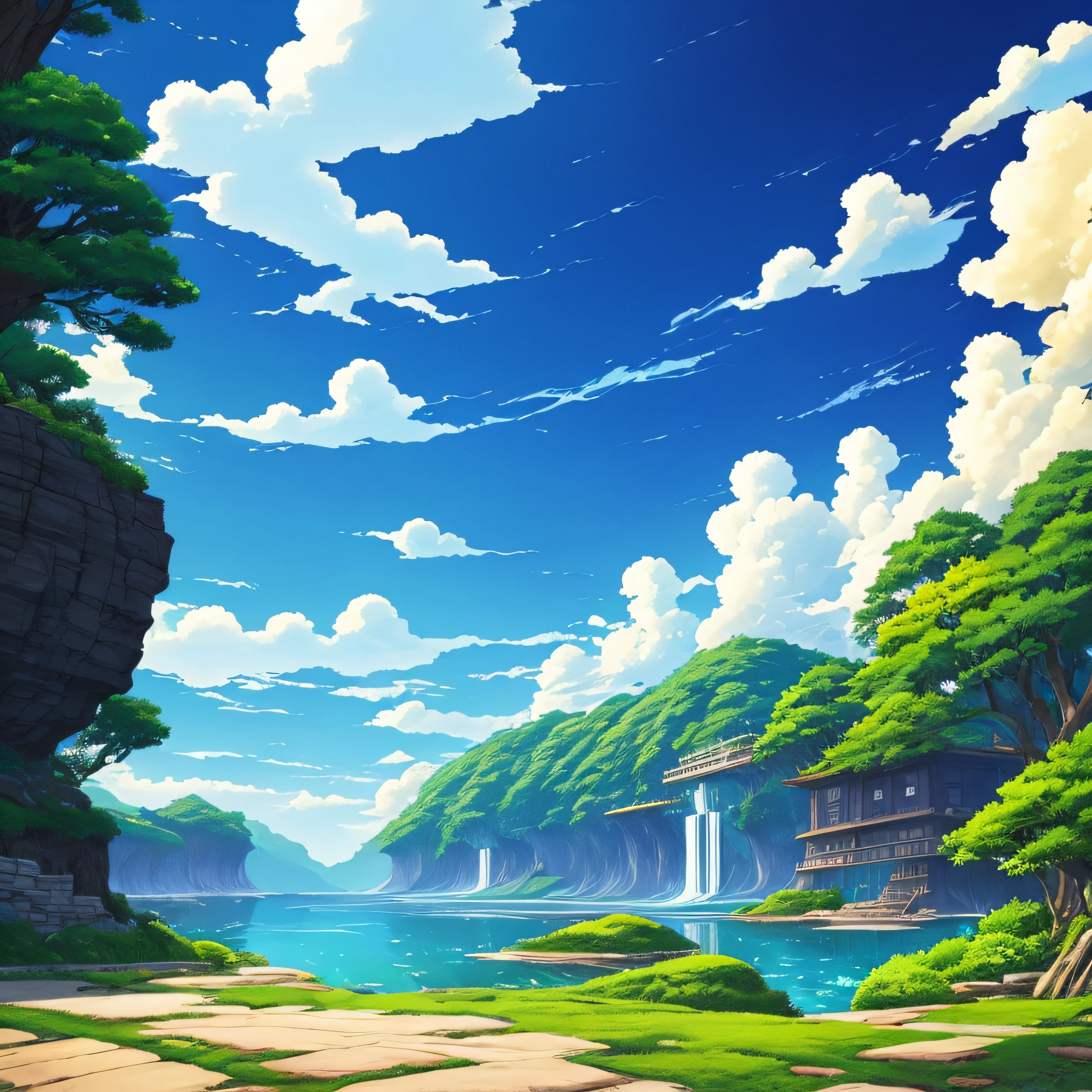 Beautiful background art、Oga Kazuo style touch、Guibli、Hayao Miyazaki's style、Skysky、handdraw --auto