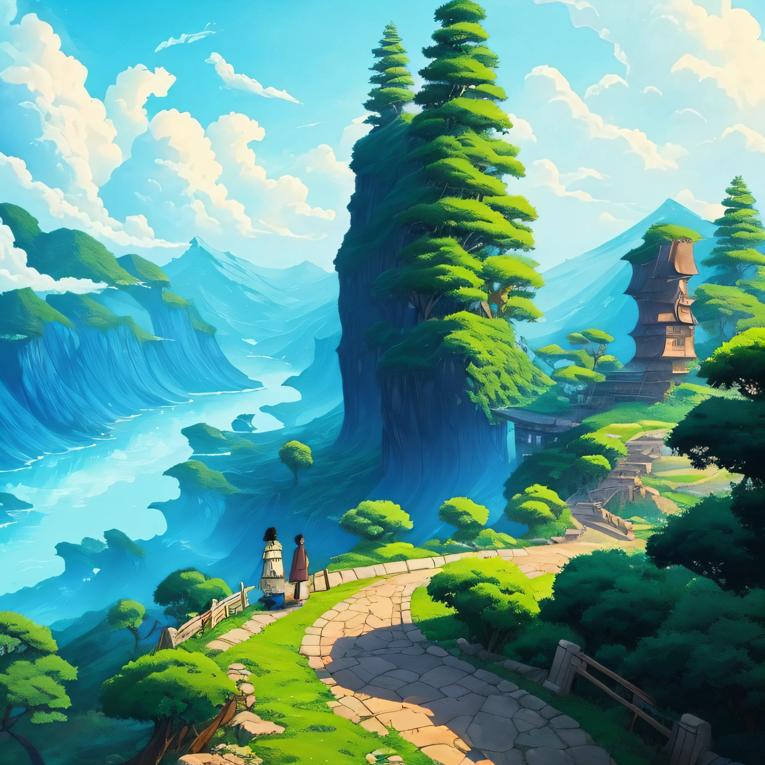 Beautiful background art、Oga Kazuo style touch、Guibli、Hayao Miyazaki's style、Skysky、handdraw --auto