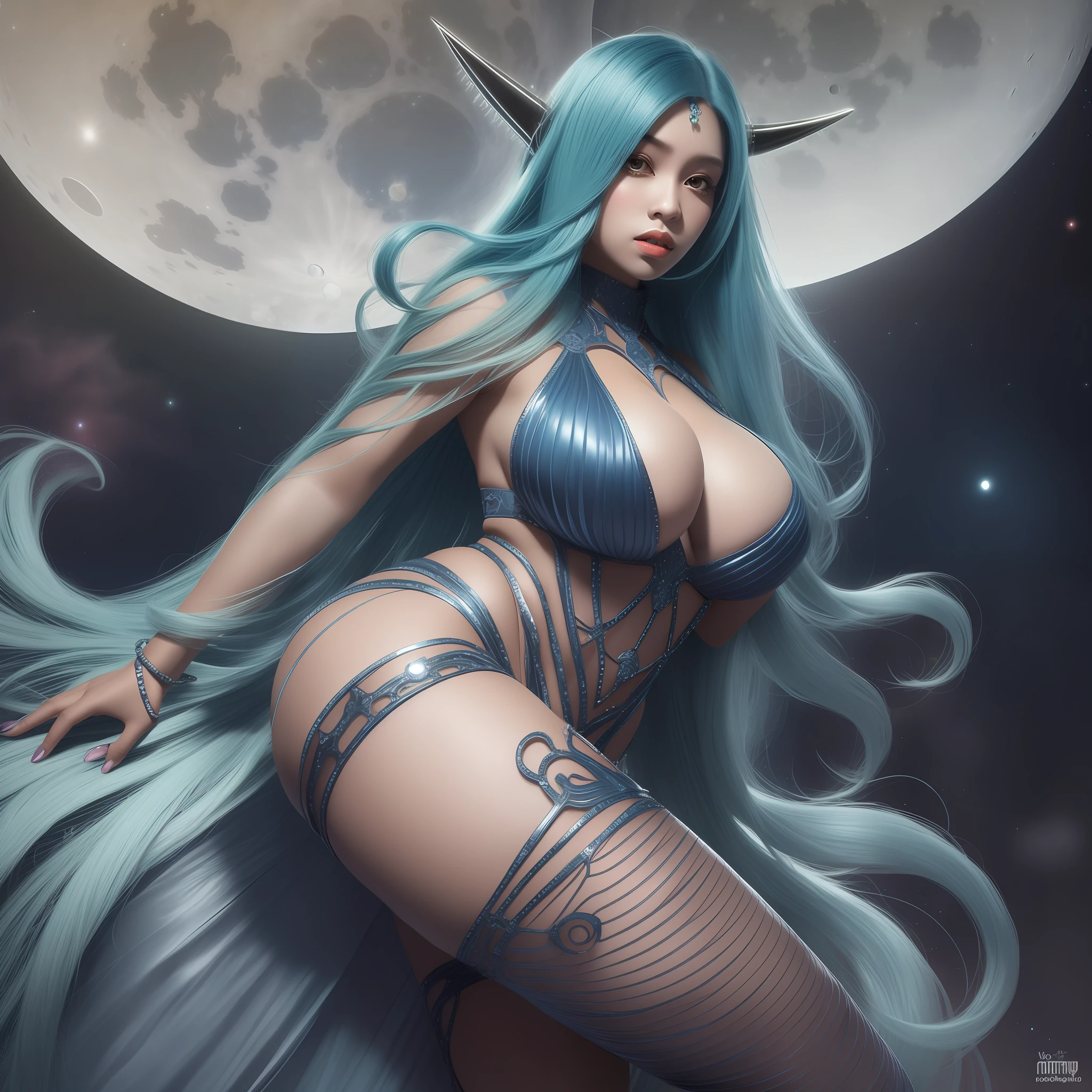 Alien with large breasts, large thighs, voluptuous blue skin, transparent dress showing the curves of the body on the moon