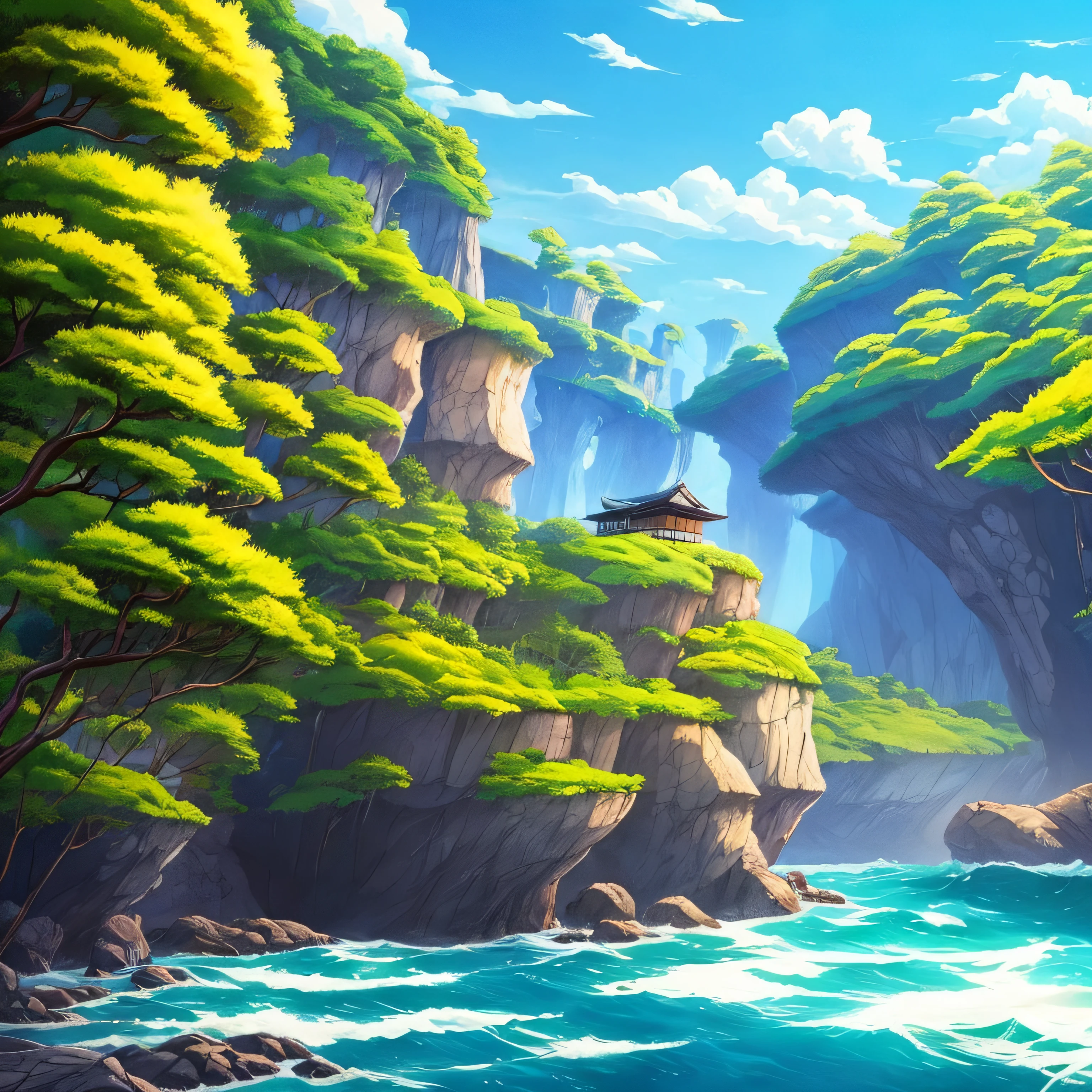 Beautiful background art、Oga Kazuo style touch、Guibli、Hayao Miyazaki's style、Skysky、handdraw --auto