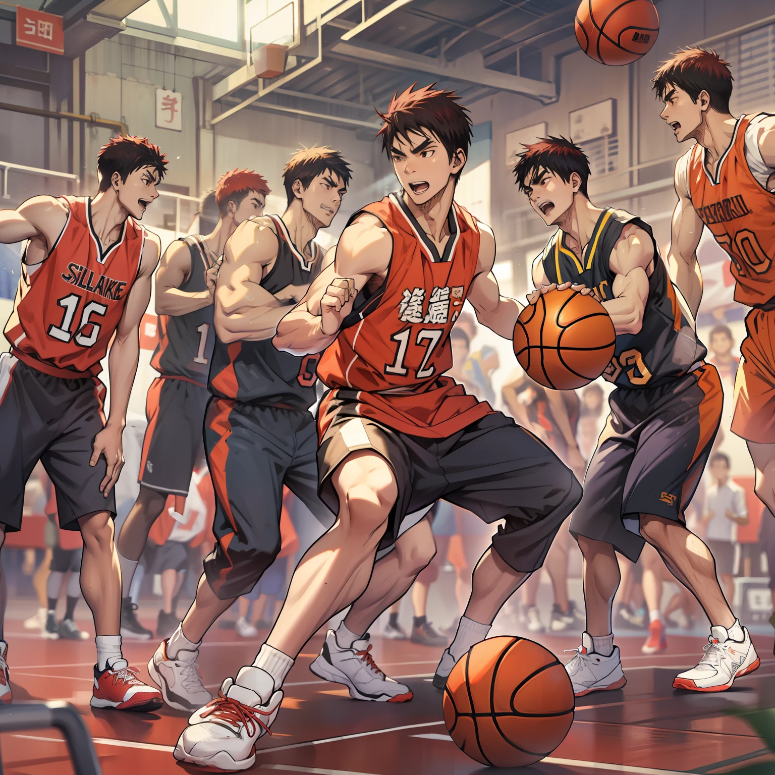 wearing basketball jersey,basketball, full team, wearing track and field suit, opening shot, jinyiwei, Extremely quality, Playing basketball, nanquan, everyone having fun，Like a slam dunk