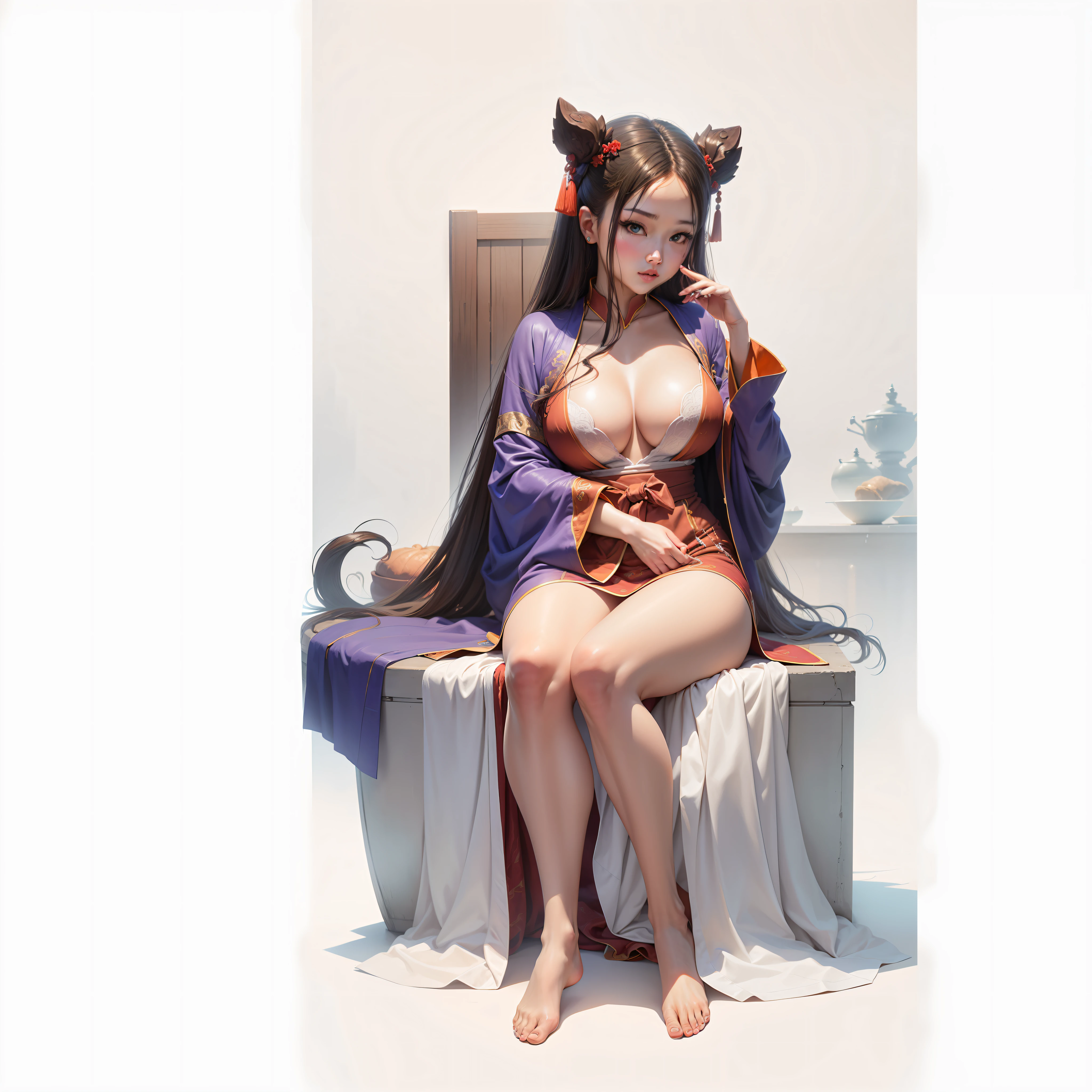 tmasterpiece， Best quality at best， 1girll， Large breasts， Han dynasty bathrobes，Raised sexy，Leaky meat，Enchanting，tmasterpiece，最好质量，Enchanting pose，Sit Pose --auto