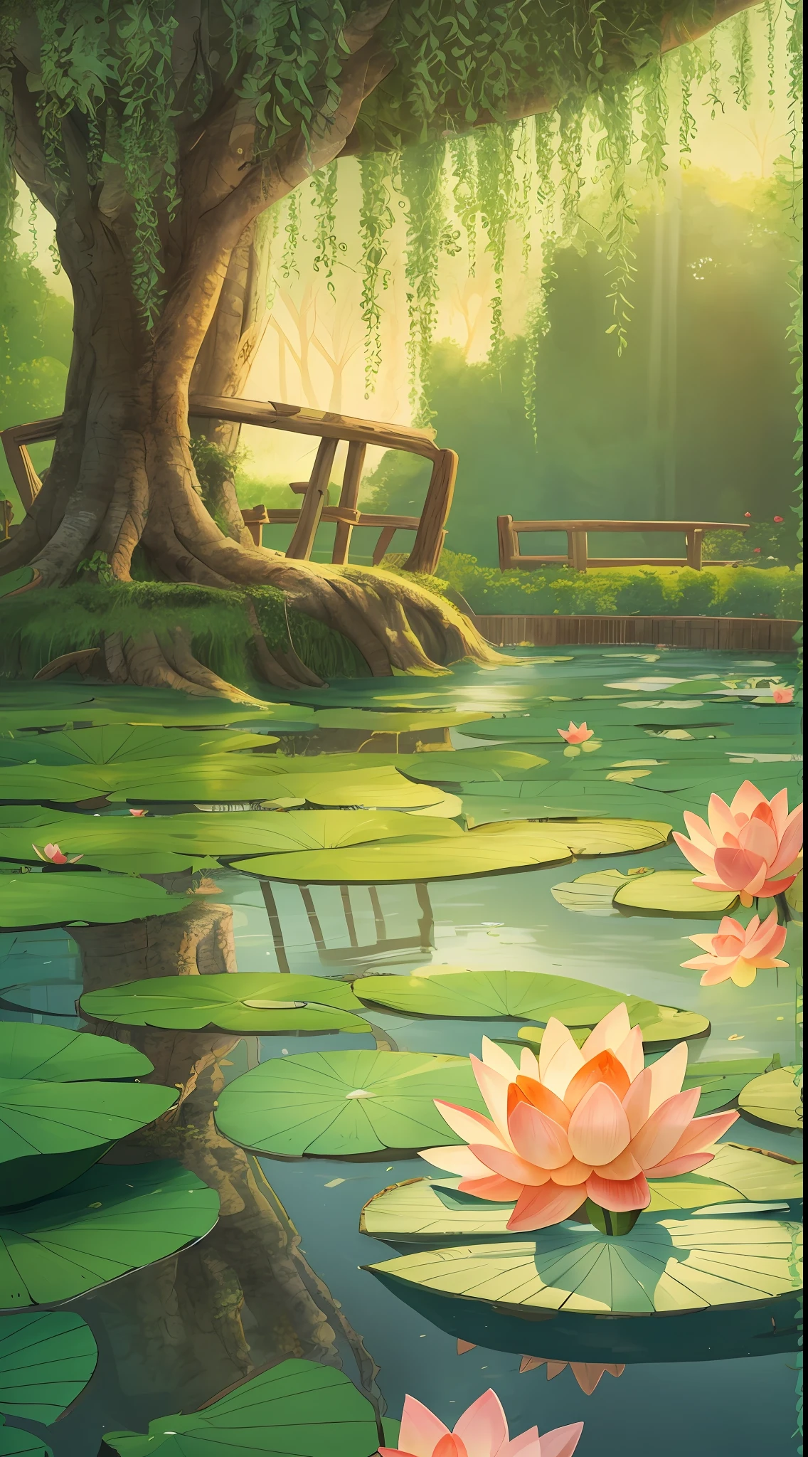 Cartoon illustration，The willow tree is placed in the upper middle position of the frame，The sunlight gently shines on the surface of the lotus pond，Highlight the willow tree，Have a macro perspective