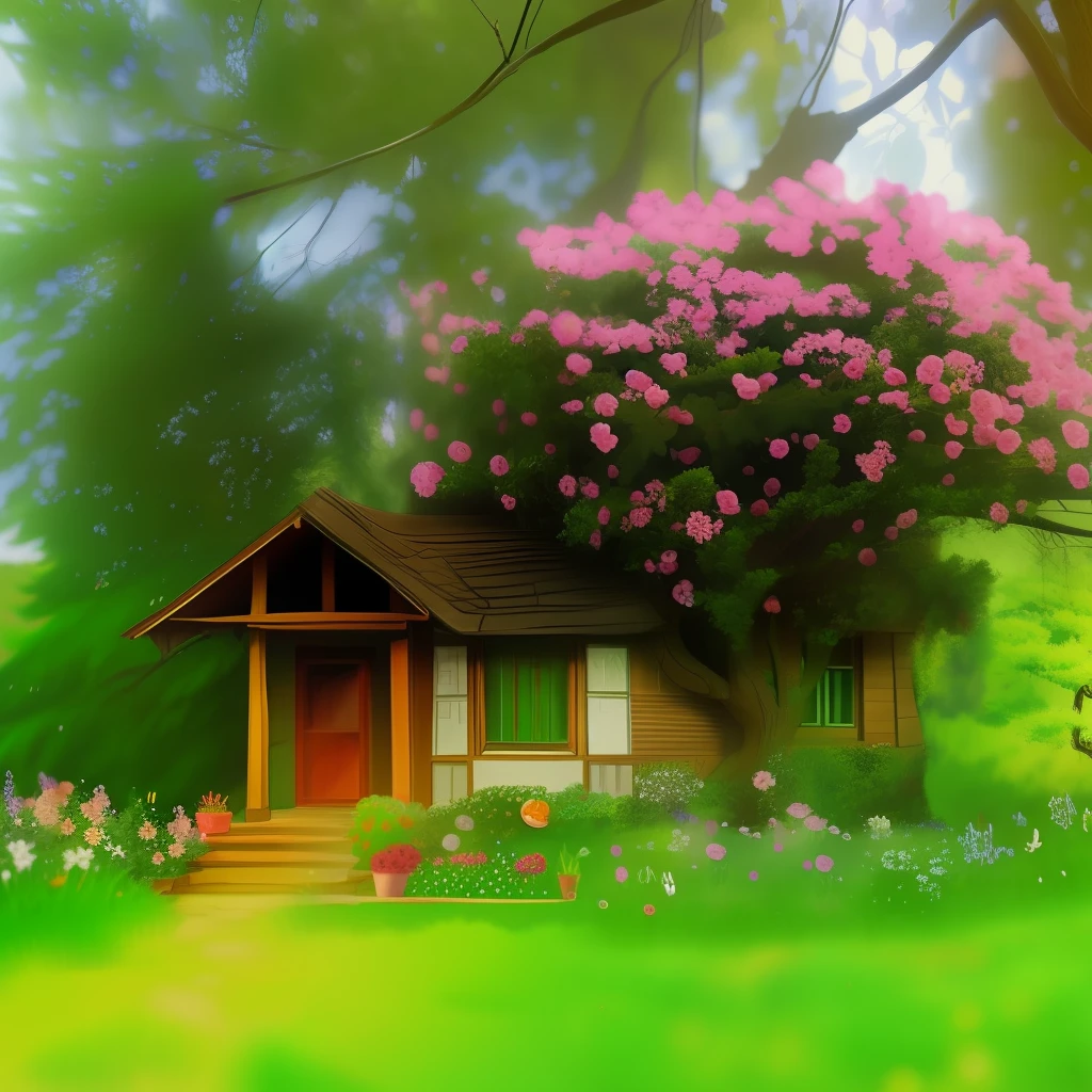 A big, big tree,There is a small house under the tree,It was cosy,The house is surrounded by flowers and plants