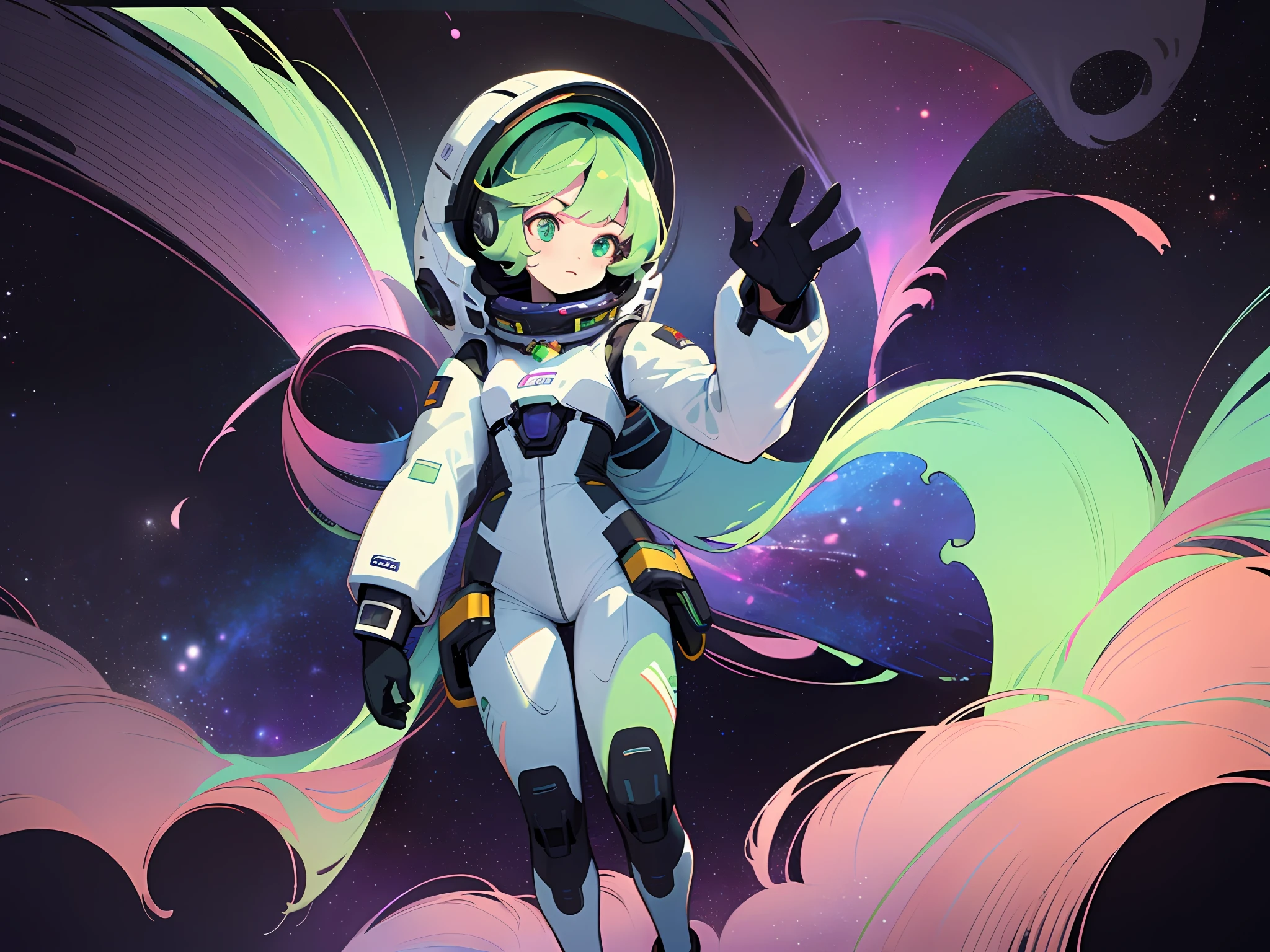 ((masterpiece)), (((best quality))), (character design sheet, same character full body, front, side, back), Illustration, 1 girl, green hair color, bangs, eyes, environment change, pose kota, female, decorted colorful space suits, stars, charturnbetalora, (simple background, white background: 1.3) ,--6
