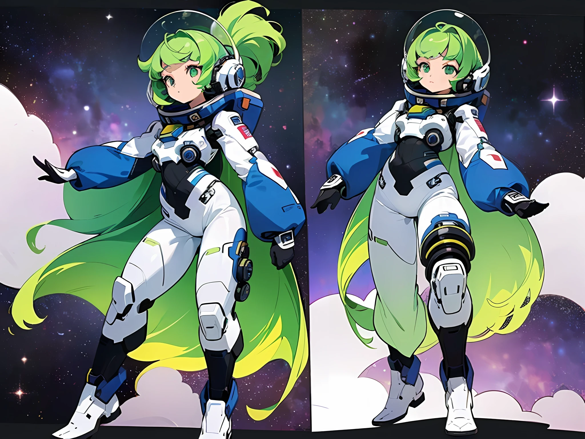((masterpiece)), (((best quality))), (character design sheet, same character full body, front, side, back), Illustration, 1 girl, green hair color, bangs, eyes, environment change, pose kota, female, decorted colorful space suits, stars, charturnbetalora, (simple background, white background: 1.3) ,--6