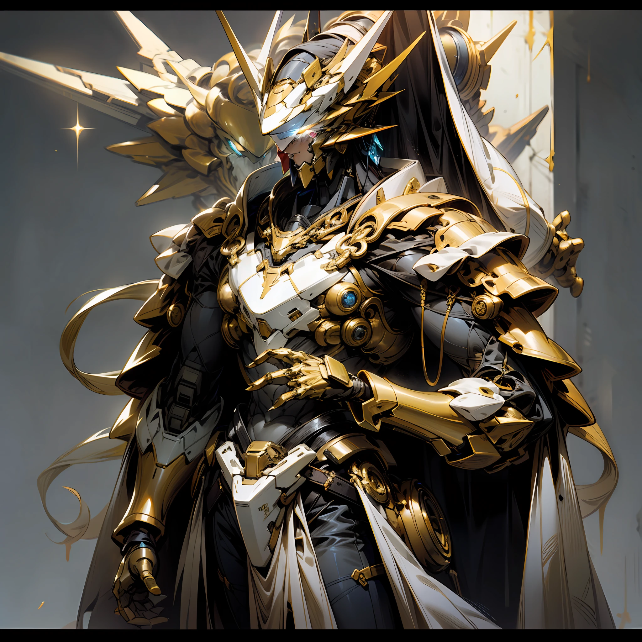 of a guy,Dressed in mecha clothes,Mecha is cool, The main color is gold,The chest is set with blue gemstones,Shine brightly,He wears a mecha helmet,Through the helmet, the eyes flashed red,Holding a blue rapier in his hand, the background is a golden mecha dragon with its mouth wide open。