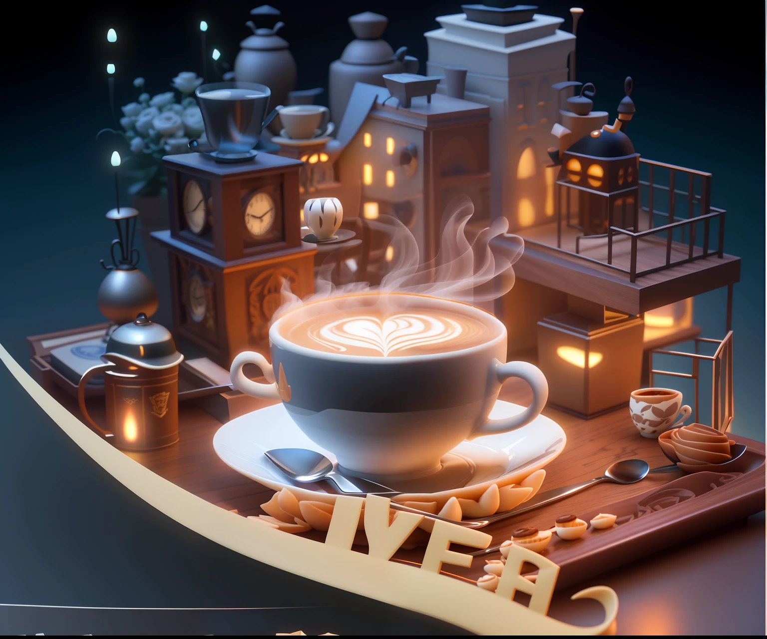 there is a cup of coffee on a saucer on a table, Highly detailed visual effects espresso, webgl render, stylized as a 3d render, New York, Frey 8k, c 4 d ", 3 ds max + v - ray, Stylized digital illustration, 3 ds max + vray, Full image, stylized 3 d graphics --auto