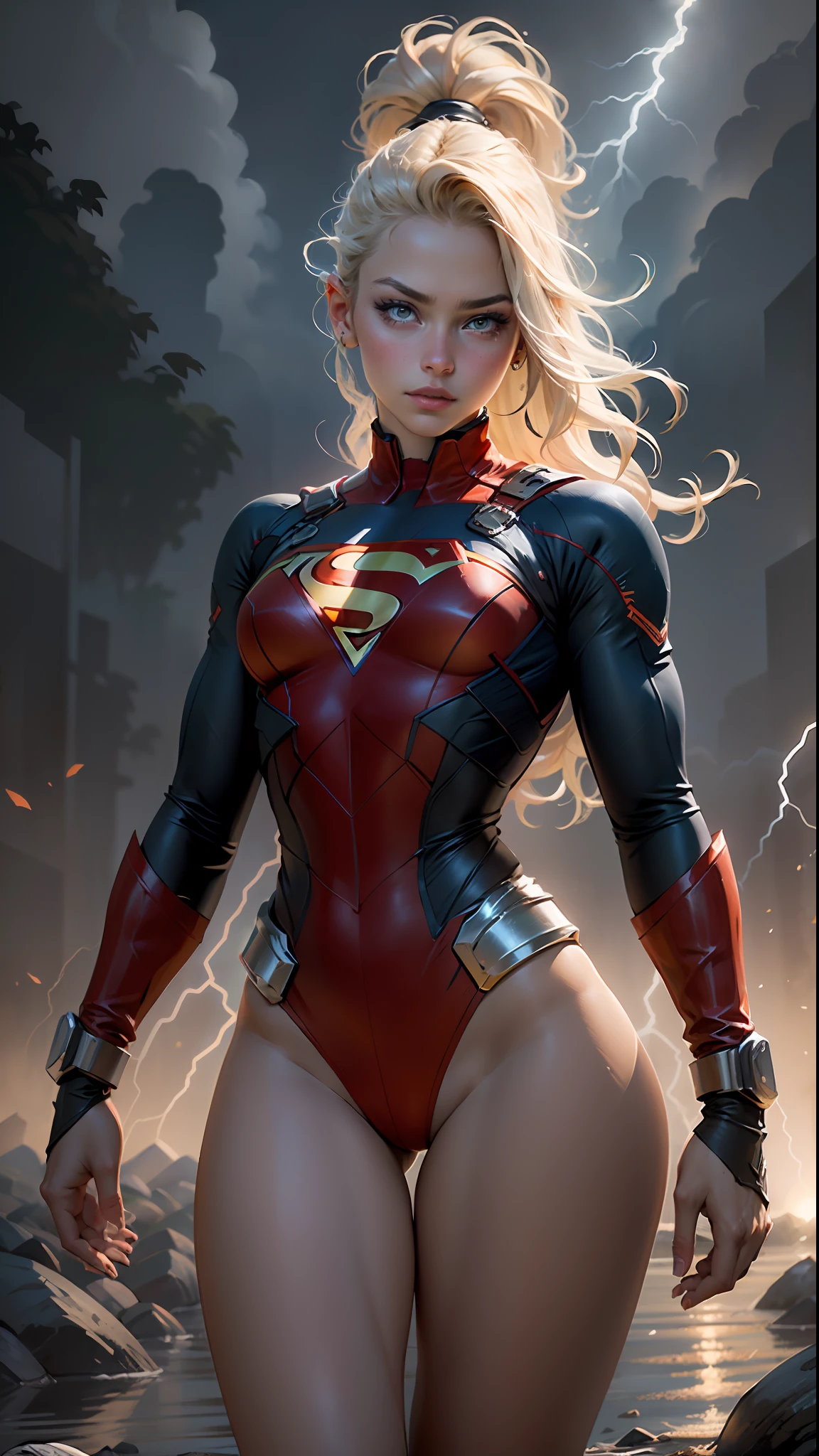 "((best quality,best ilumination)), Cute sexy model with long hair and athletic body, vestindo COSPLAY DE SUPERGIRL, seios acentuados e destacados, dynamic pose, fundo colorido, high saturation, luzes vibrantes." Around lightning and thunder.