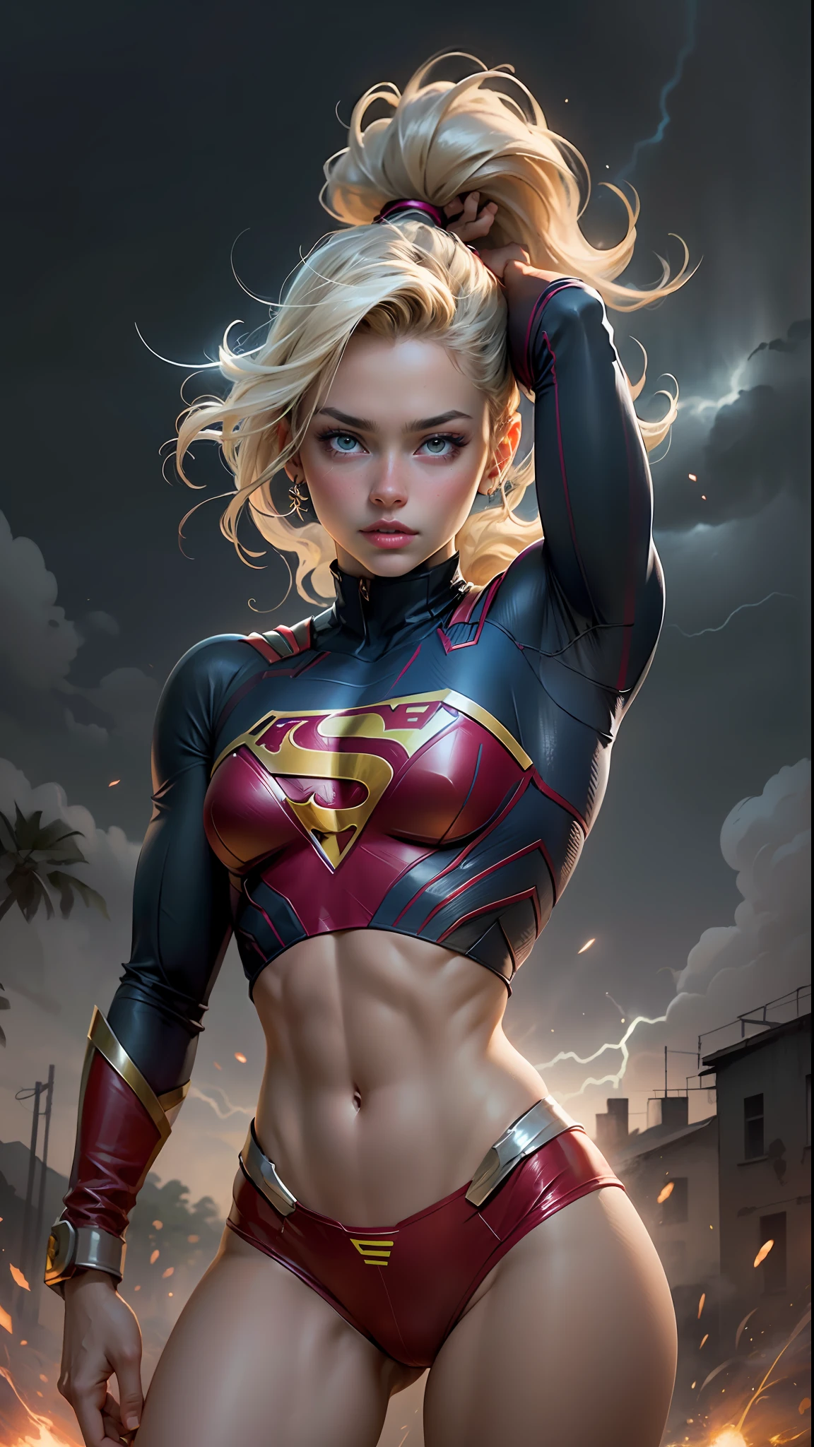 "((best quality,best ilumination)), Cute sexy model with long hair and athletic body, vestindo COSPLAY DE SUPERGIRL, seios acentuados e destacados, dynamic pose, fundo colorido, high saturation, luzes vibrantes." Around lightning and thunder.