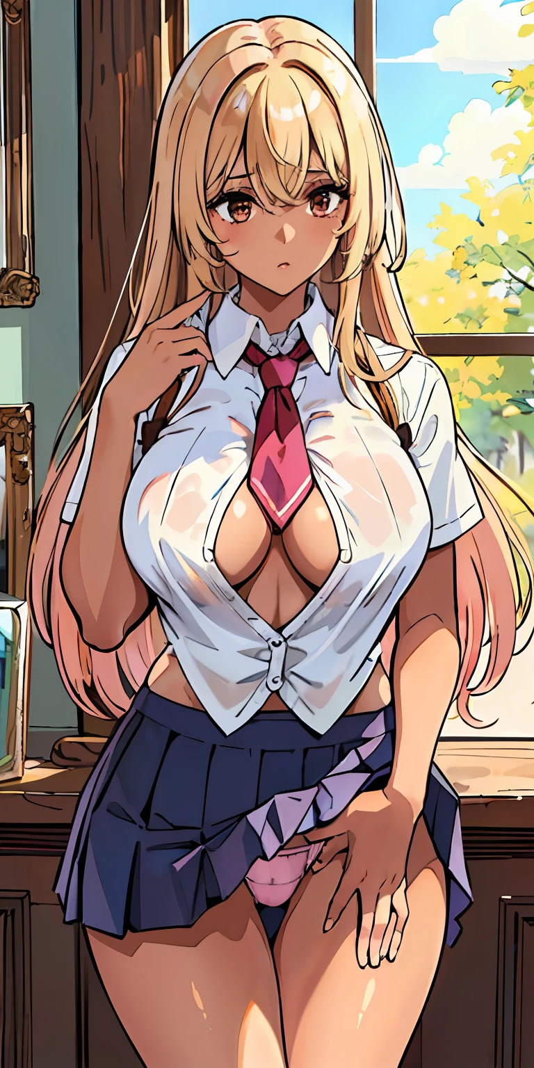 (((top-quality、masterpiece)))、1girl in、A stunning、a blond、enchanted、barechested、(((confusion)))、School Uniforms、Sheer clothes、perspiring、(((Brown skin tone)))、sun burn、Mole、(((Colossal tits)))、large full breasts、Sheer areol、Pink underwear is visible、neck tie、(((Spread your crotch)))