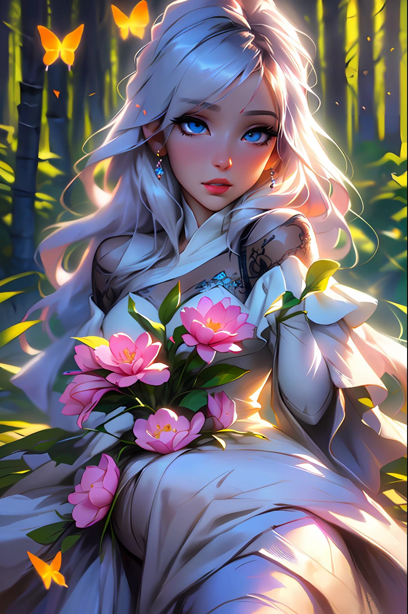 The colors in this image are soft and draw inspiration from gentle watercolors and should be primarily pink. Generate a delicate and tranquil flower princess with soft hair dancing in the wind and intricately braided. Her sweet face has y, kissable lips and stunning, highly realistic eyes. She has beautiful eyes, hires eyes, 8k eyes, beautiful detail eyes, beautiful detailed eyes, realistically shaded eyes, and realistic eyes in vibrant colors. She is wearing delicately detailed fabric of gosssilk and satin. Small pink gemstones and cream pearls detail her clothing. She sits in the midst of the most beautiful meadow in the world and is surrounded by beautiful flowers of varying sizes and colors. The background is wild and unruly, with delicate flowers dancing in the wind and creating a dynamic and compelling image. An ornately flowered headdress adorns her head and soft petals fall around her. The flowers are realistic and very detailed and come in different shapes and sizes, some with iridescence and others with varying shades of pink and blue. Include a soft watercolor sky. The background is wild, with delicate flowers dancing in the wind and colorful pollen filling the air. Include realistic hair and skin texture. Include fantasy details, enhanced details, iridescence, colorful glittering wind, and pollen. Pay special attention to her face and make sure it is beautifully and realistically detailed. The image should be dreamy and ethereal. Include intricate fantasy details. 8k, intricate, elegant, highly detailed, majestic, digital photography, art by artgerm and ruan jia and greg rutkowski surreal painting pearl butterflyigree, flower petals, (masterpiece, finely detailed beautiful eyes: 1.2), hdr, realistic skin texture, ((ornate)), ((intricate)), ((fantasy00d:1.2)), rays of light, (add details), (add more details), (((highly detailed butterflies))rnate flowers, dew drops, sunlight, rays of sun