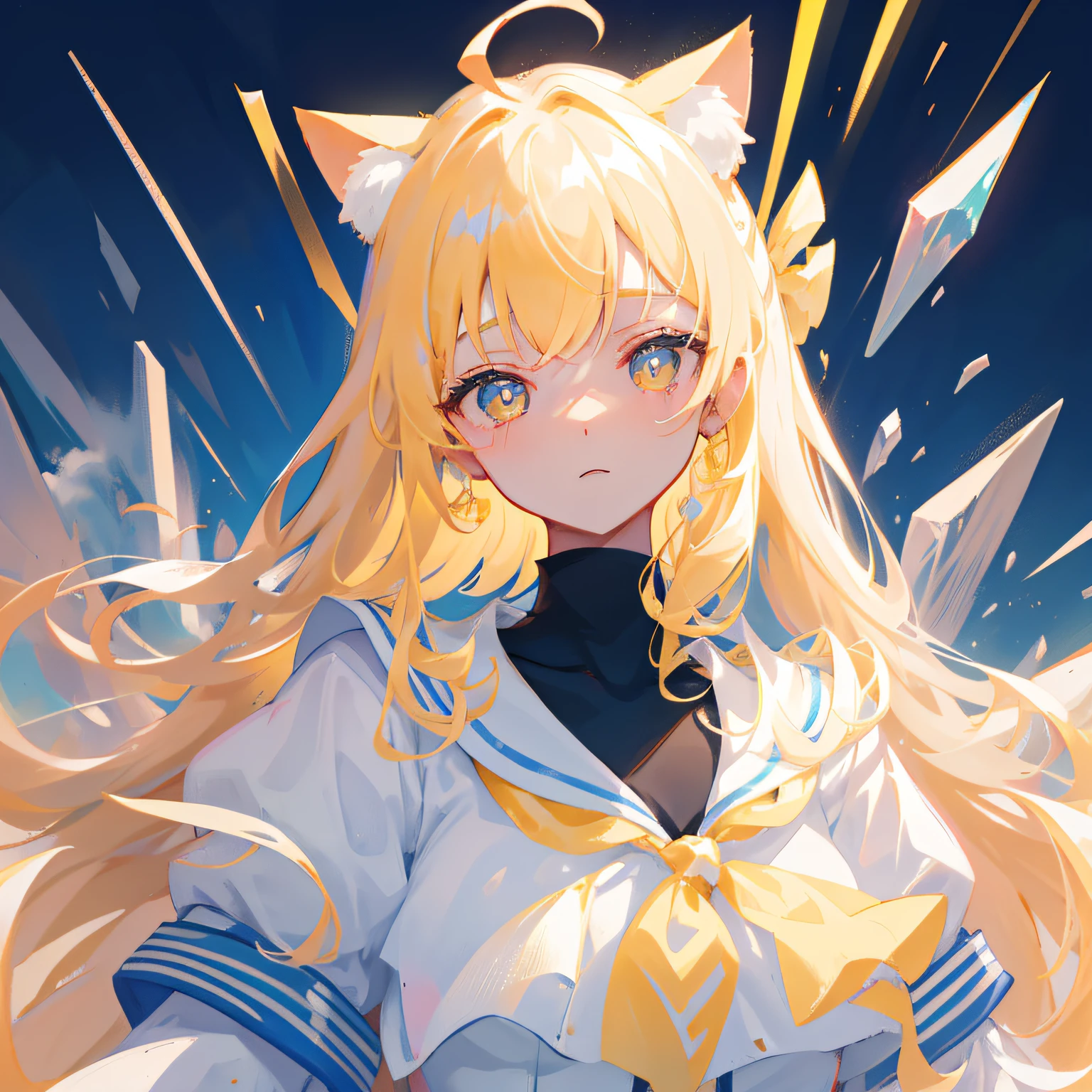 tmasterpiece，Need，Extremely detailed Cg Unity 8K wallpaper，crystal，long  white hair，Light yellow pupils，one-girl，{Lori huge breasts cleavage}，cat ear，teens girl，Young，Soft cute，The contrast is cute，Pure desire，Lateral face，Looking Up The Sky，apprehension，flatchest，nebula sky，Drill hair，Idade：16，a sailor suit，sideface，The upper part of the body，ahoge，Gradient hair，The demeanor is indifferent