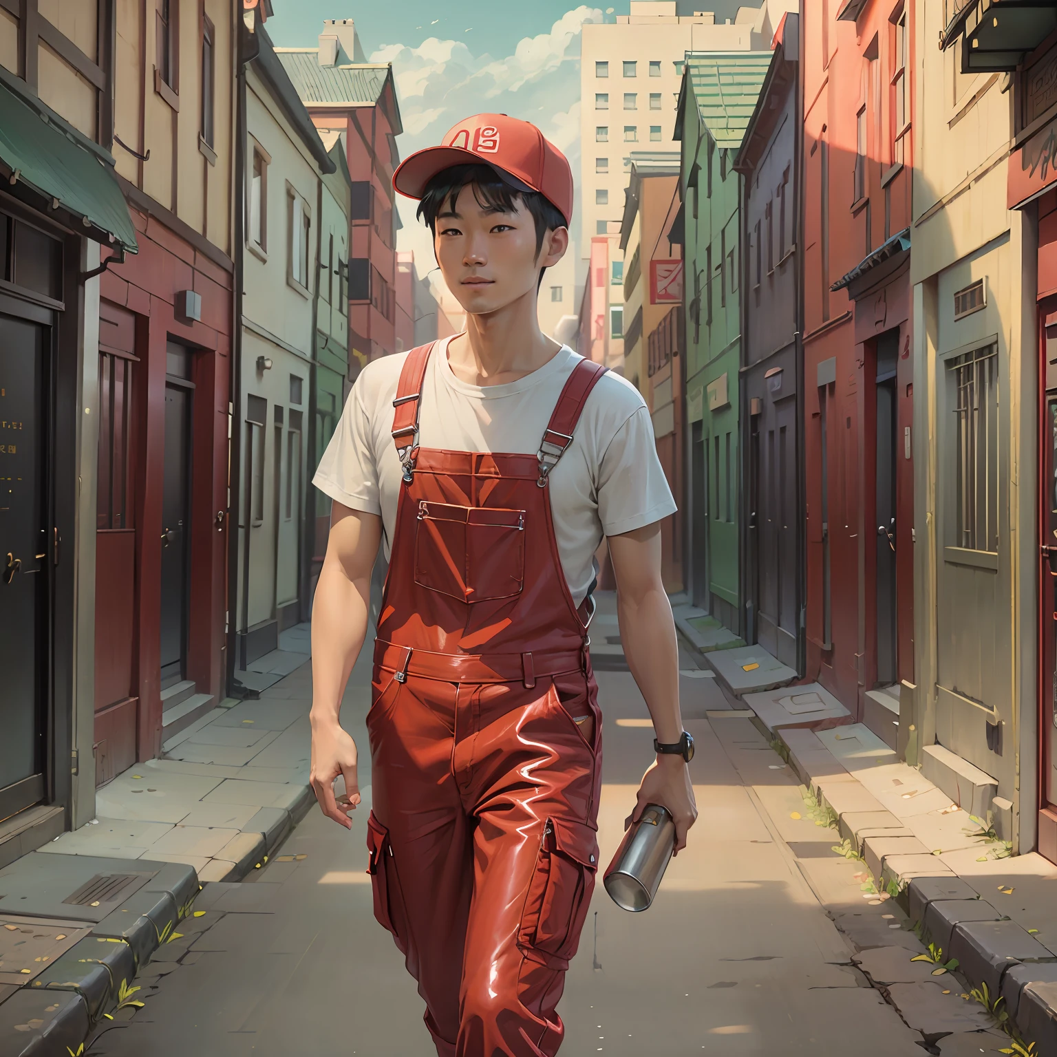 1 Chinese man，Red overalls top，red baseball cap，ssmile，Toolbox in hand，Live model，Realistic poster style，looking at viewert，full bodyesbian，Walk on the high-rise road，夏天，strong lights --auto