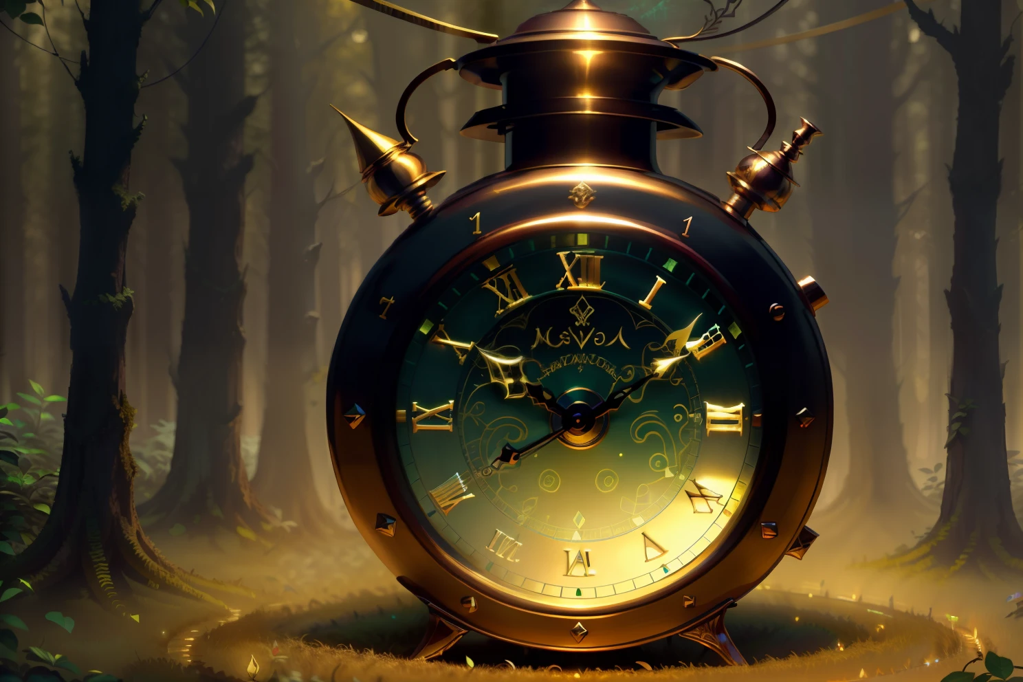 photo of a large hand holding an antique gold watch, flores, magia-fantasia-floresta, arte digital, most amazing art in the world, ((sem humanos)), Light Volumetric, cores suaves equilibradas, forest scenario, videiras, uhd, render de octanas 8k, magica, Awesome, ethereal, intrincado, design intrincado, ultra sharp, sombras, cores mais frias, trend in CGSociety, ((melhor qualidade)), ((obra-prima)), (detalhado), Antique clock