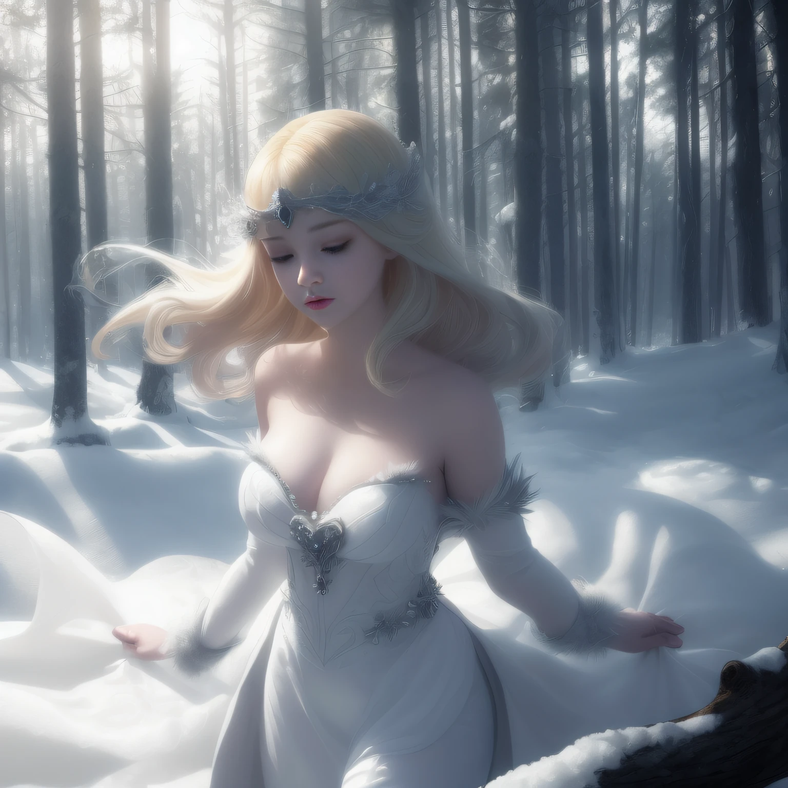 (Guvez Art style, Fantasy art style, winter princess, goddess of winter), Wearing a white dress(Woman with blonde hair:1.3),Walk through the snow-capped forest, full bodyesbian(4k) ,wie z(Winter-spring fairy tale)General story,The beautiful(Digital artwork),8K high quality, Volop and Tranros are inspired by a combination。