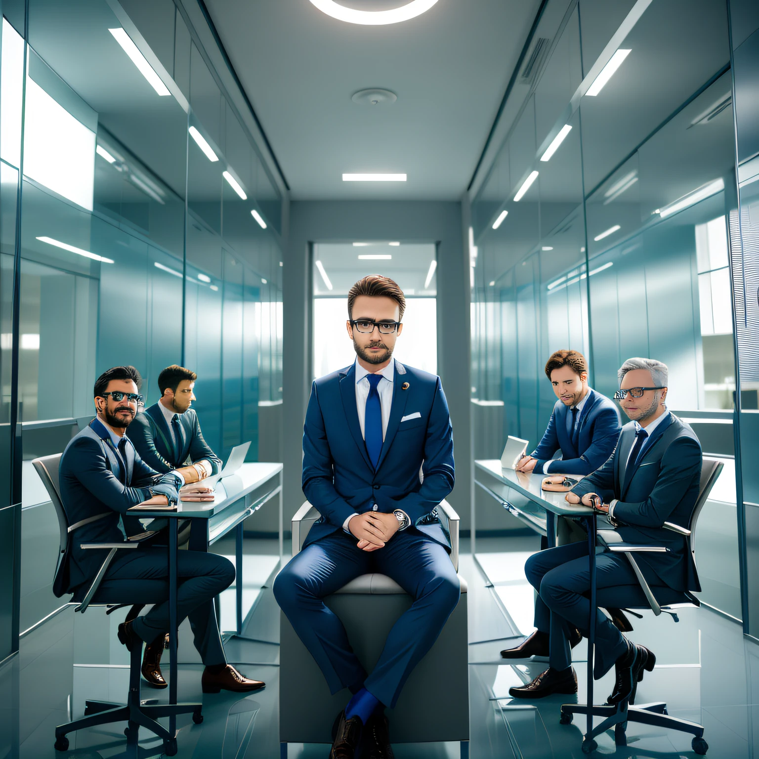 There are three men in suits sitting at a table in a room, wearing a strict business suit, Retrato Corporativo, serious business, wearing a suit and glasses, Foto retrato, chefe corporativo, em terno estrito, Directed by: Aleksander Gierymski, looking serious, serious focussed look, Directed by: Emma Andijewska, em um terno estrito, Retrato Grande Angular