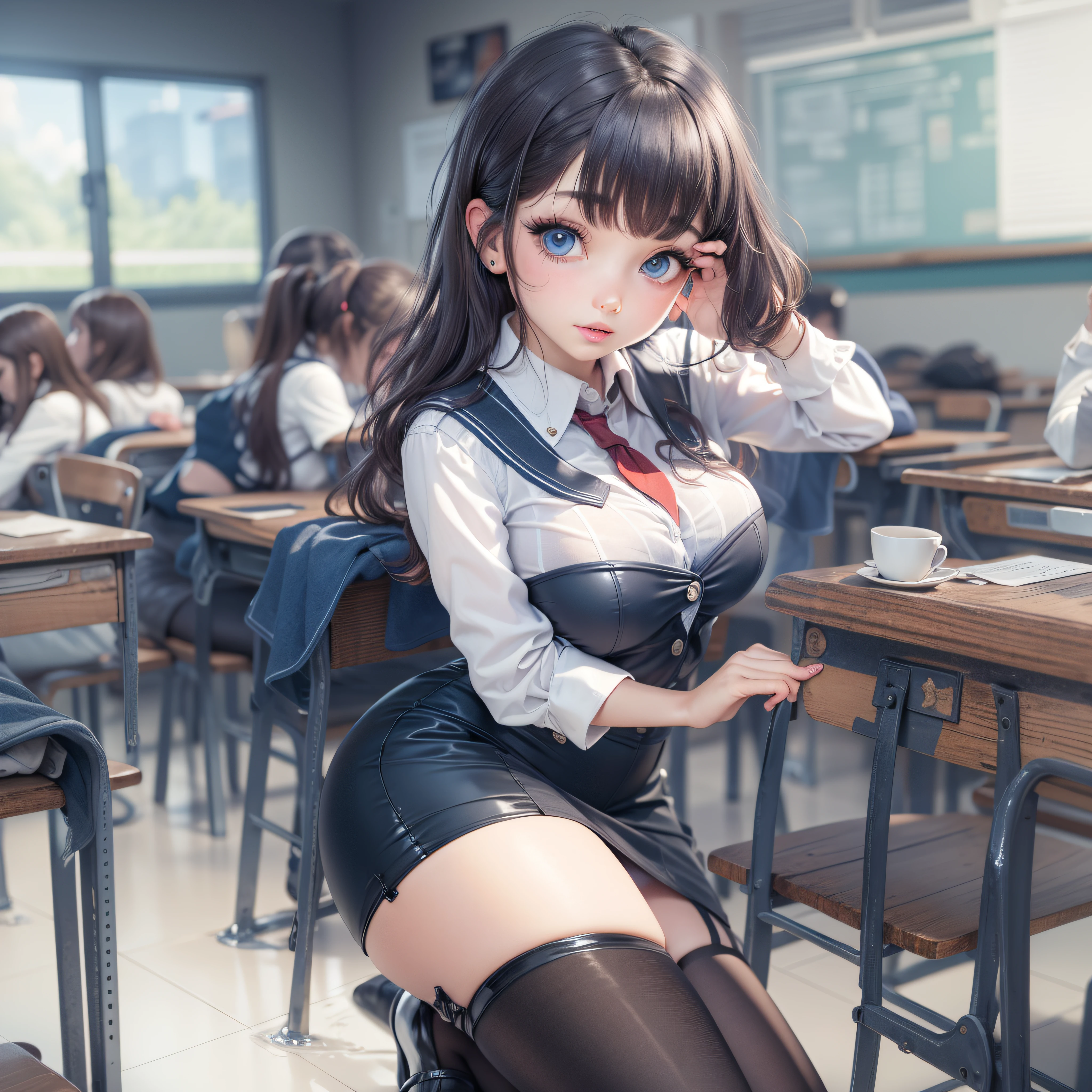 ((Top Quality, 8k, Masterpiece: 1.3)), little girl, uniform, dark blue skirt, ultra-detailed face, detailed lips, detailed eyes, double eyelids, slender figure, white shirt, wet shirt, empty classroom, playful, shiny black pantyhose, exposed breasts, exposed ass, high heels with ankle strap, detailed eyes, leggings, kissing each other, 4K high resolution, exposed breasts, exposed ass