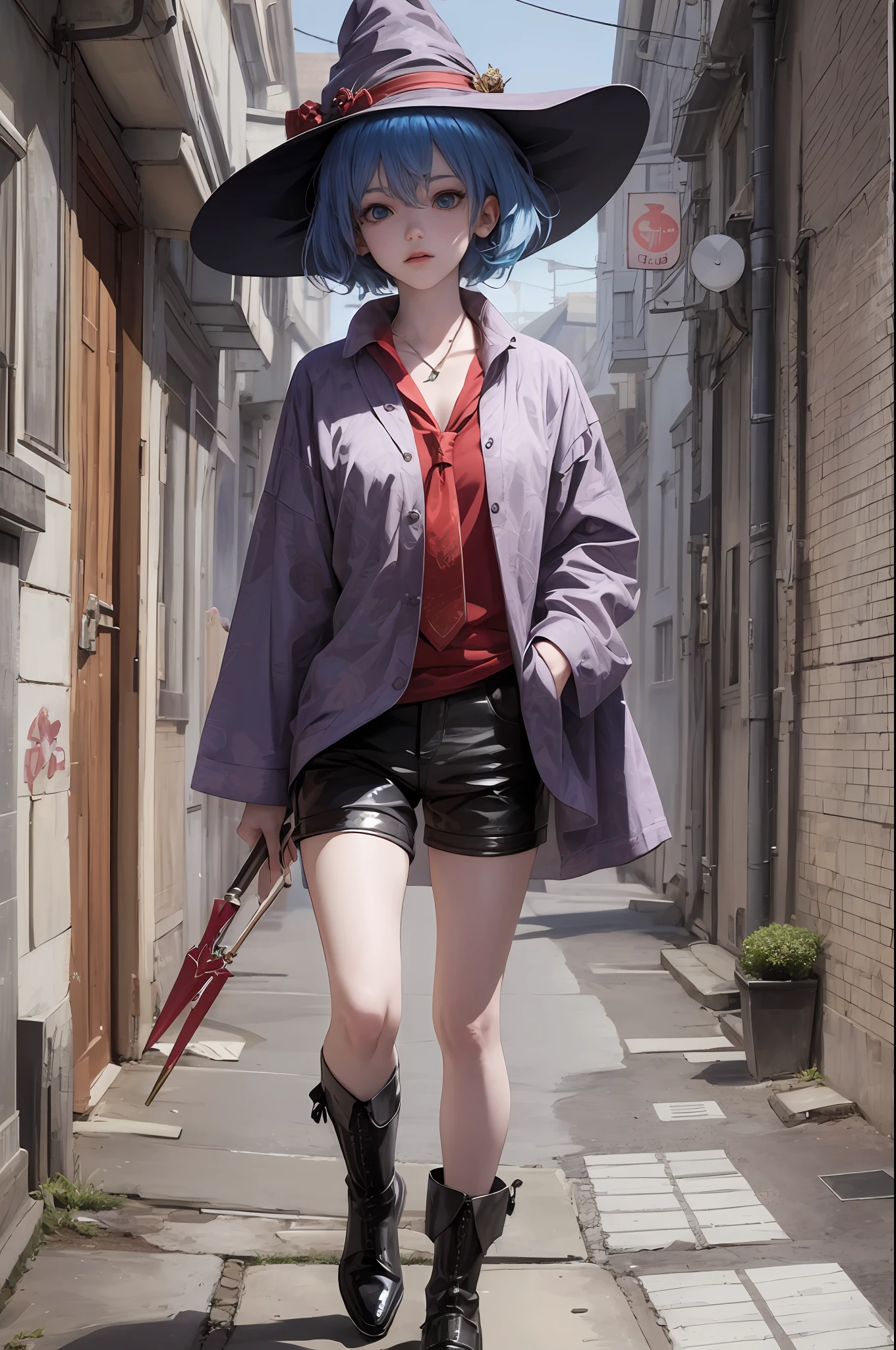 Anime, girl, short blue hair, blue eyes, small slim body, witch hat, wearing a social shirt, and red tie, dressing gown, black shorts, a wand in hand --auto --s2