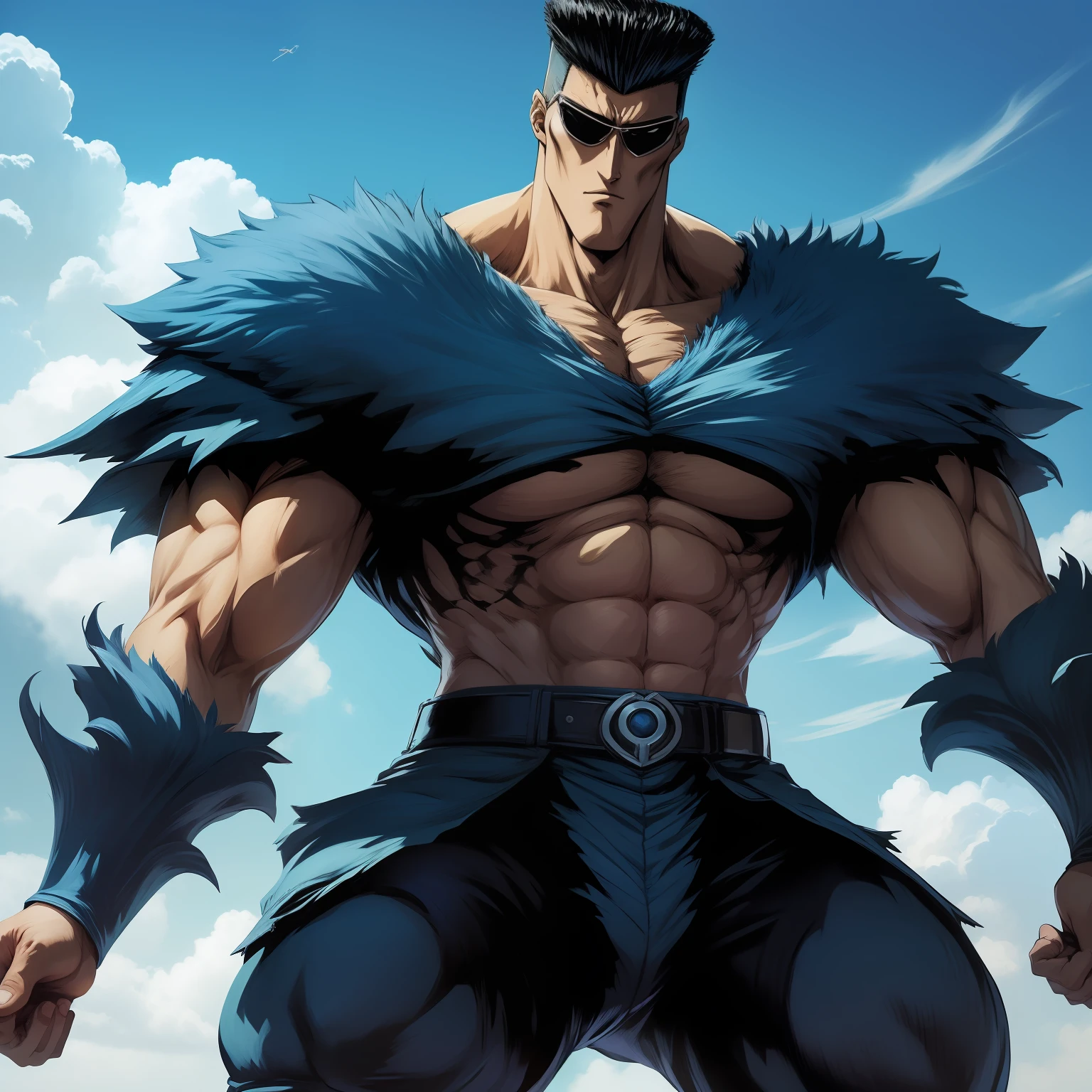 anime, anime obra prima,(Toguro), forte musculoso, ((((solo)))), corpo inteiro , evil, rindo maliciosamente, (sem camisa), com o polegar direito levantado em sinal de joia concentrando energia azul, vortex, ((toguro100))