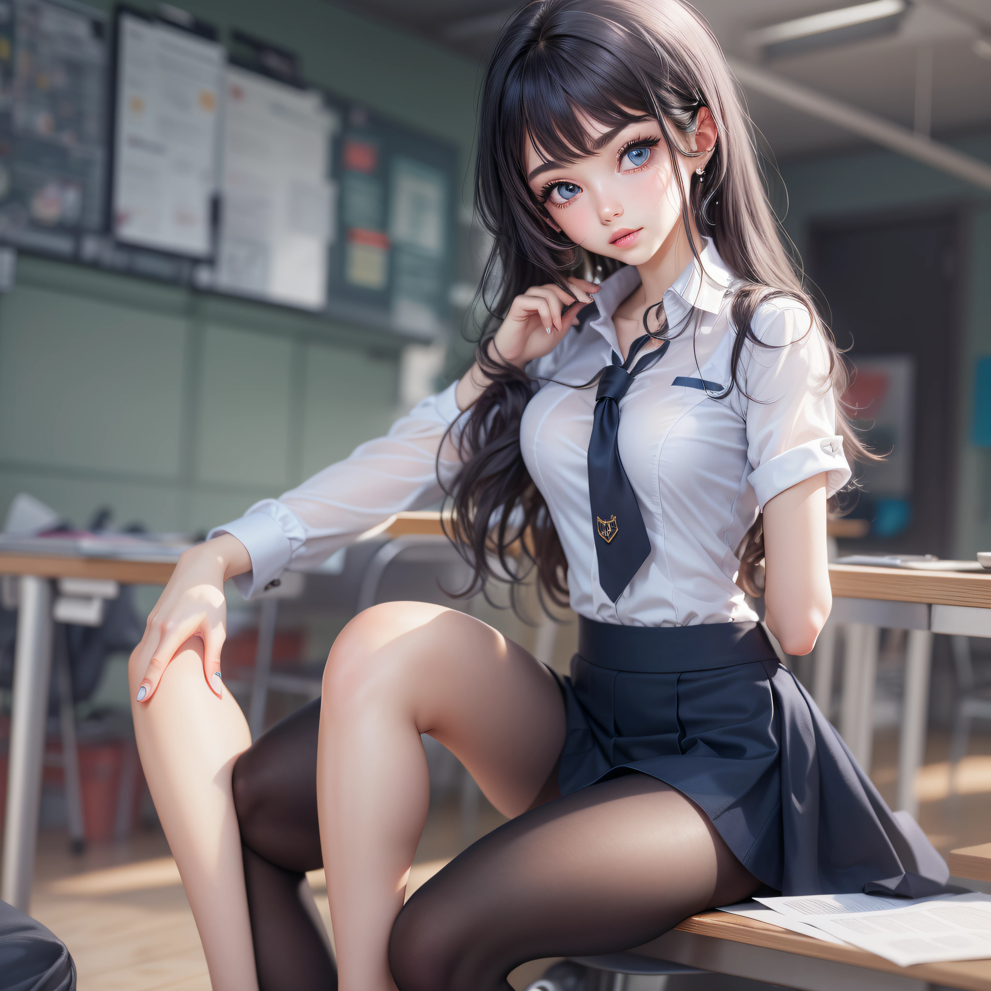 ((Top Quality, 8k, Masterpiece: 1.3)),  girl, uniform, dark blue skirt, ultra-detailed face, detailed lips, detailed eyes, double eyelids, slender figure, white shirt, wet shirt, empty classroom, playful, shiny black pantyhose, exposed breasts, exposed ass, high heels with ankle strap, detailed eyes, leggings, kissing each other, 4K high resolution, exposed breasts, exposed ass