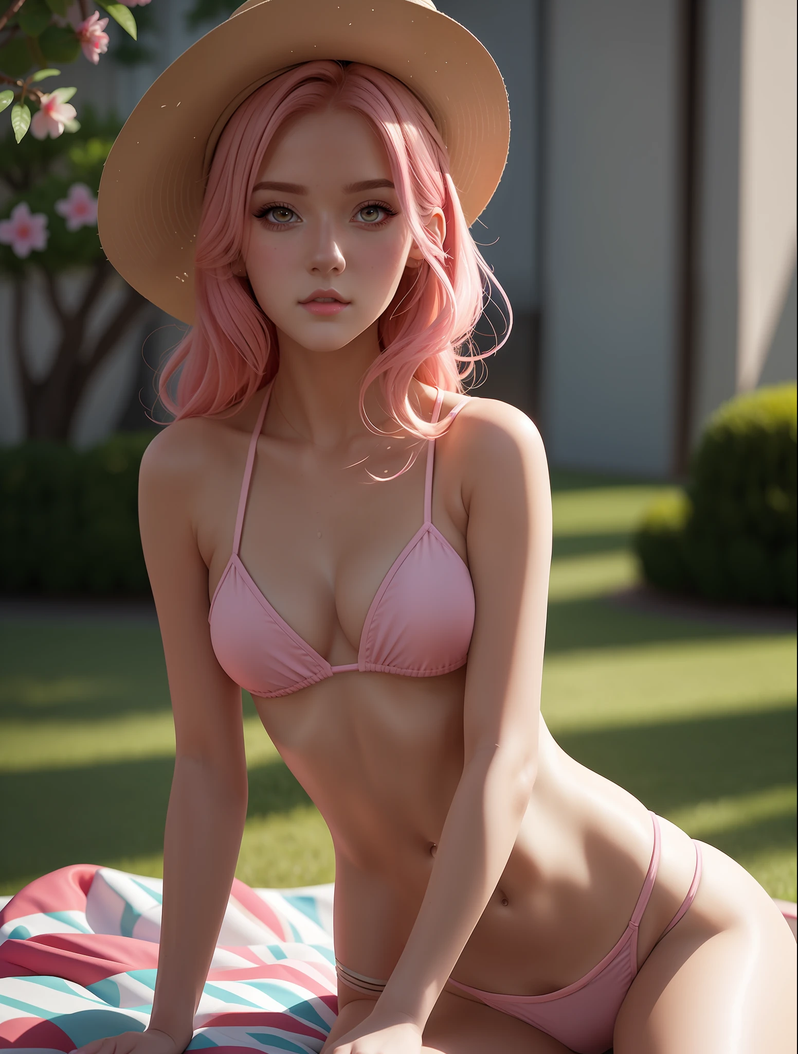 there is a with pink hair and a hat sitting on a blanket, wearing micro bikini, tight bikini, small bikini artwork in the style of guweiz, cute detailed digital art, cute digital art, guweiz, adorable digital painting, pink girl, beautiful digital artwork, kawaii realistic portrait, 8k high quality detailed art, ross tran 8 k, anime styled digital art, beautiful digital illustration