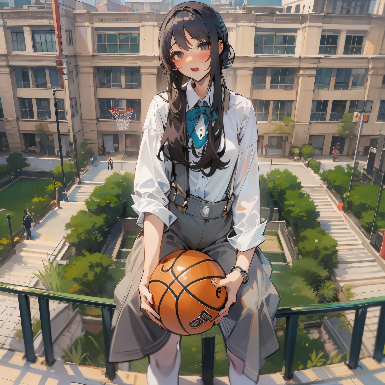 14-year-old female student,chineseidol,Distributed in gray,basketball ball,Suspenders,Campus background,full bodyesbian