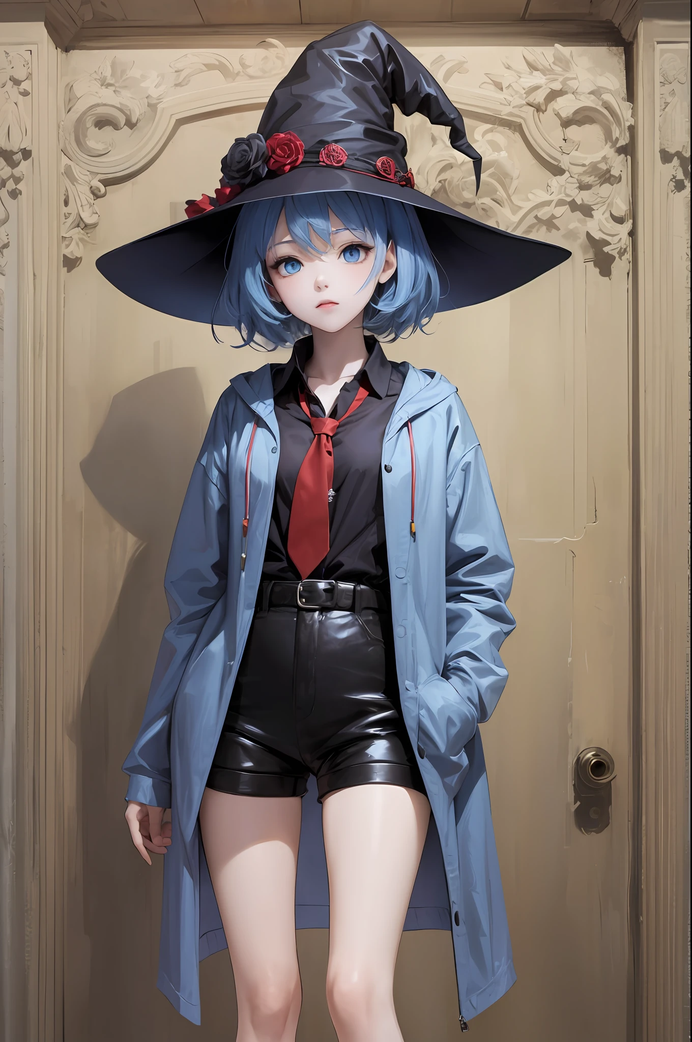 Anime, girl, short blue hair, blue eyes, small slim body, witch hat, wearing a social shirt, and red tie, dressing gown, black shorts, a wand in hand --auto --s2