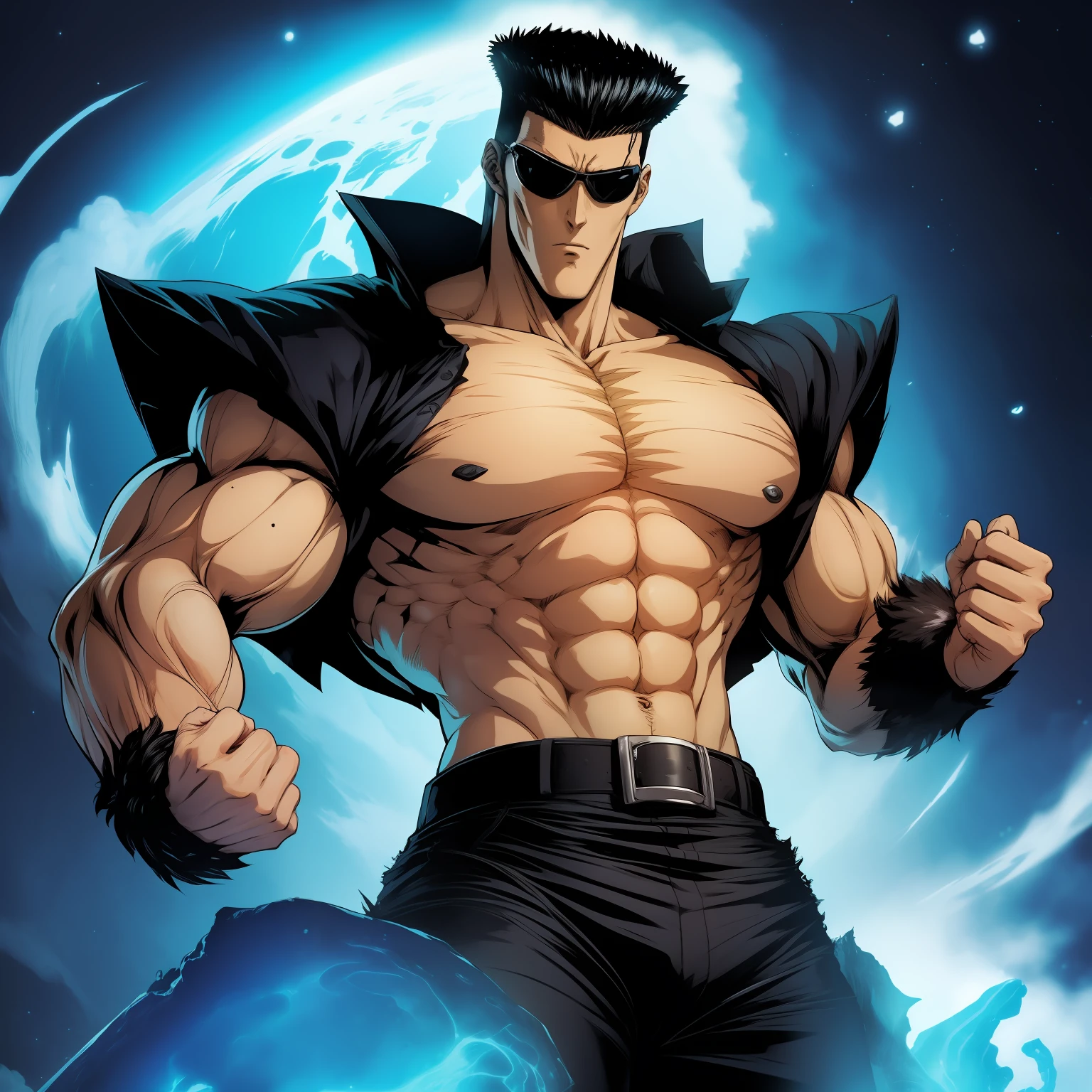 anime, anime obra prima,(Toguro), forte musculoso, ((((solo)))), corpo inteiro , evil, rindo maliciosamente, (sem camisa), com o polegar direito levantado em sinal de joia concentrando energia azul, vortex, ((toguro100)), (socando), soco em 1 homem magro, luta