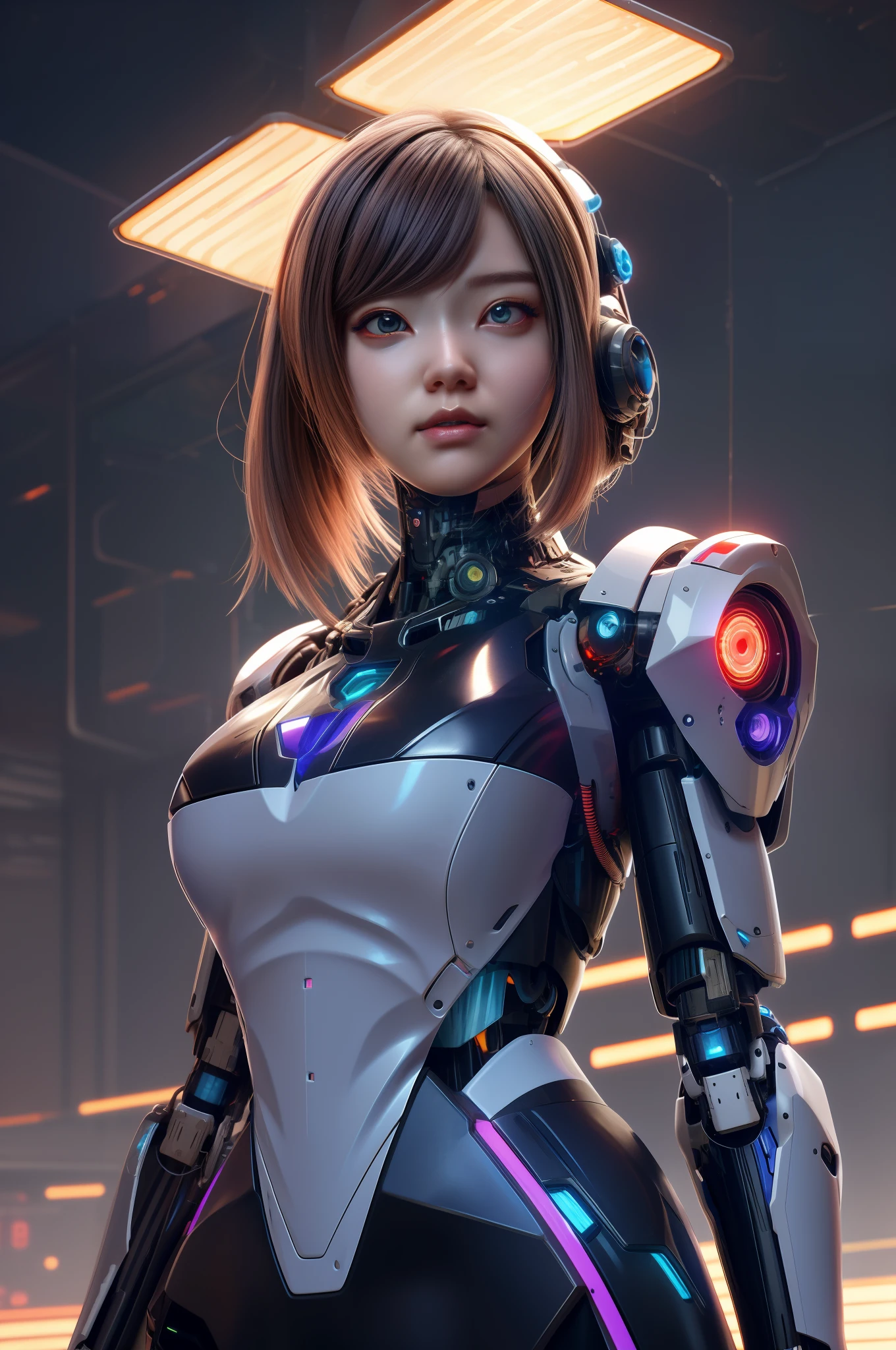 A woman in a futuristic suit，Big, Biomechanical OPPAI, an oppai cyberpunk, perfect android girl, girl in mecha cyber armor, gynoid body, Cute cyborg girl, cyberpunk anime girl mech, perfect anime cyborg woman, gynoid cyborg body, female mecha, biblical female android, perfect cyborg female