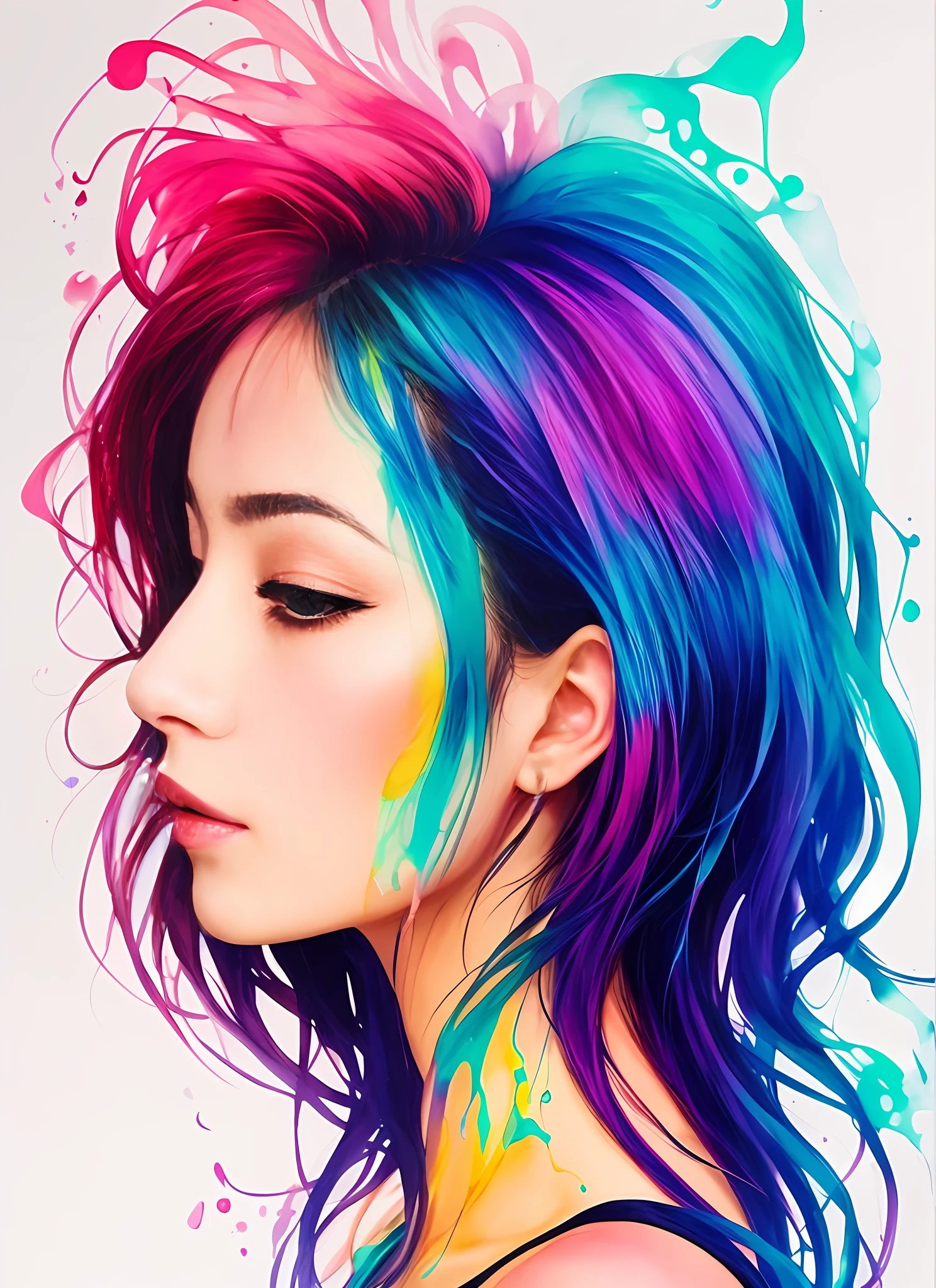 Profile of a woman、luminous design、PastelColors、dripping ink、colourfull