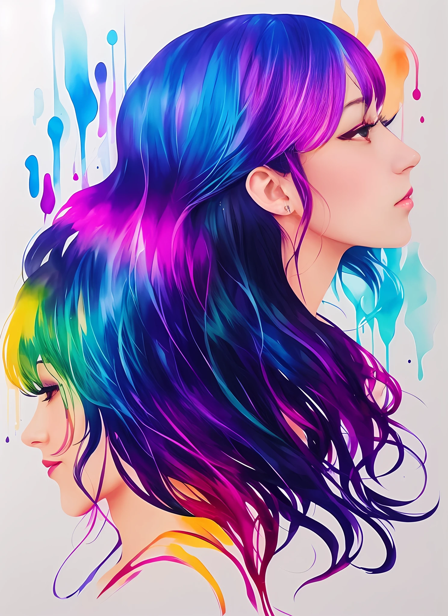 Profile of a woman、luminous design、PastelColors、dripping ink、colourfull