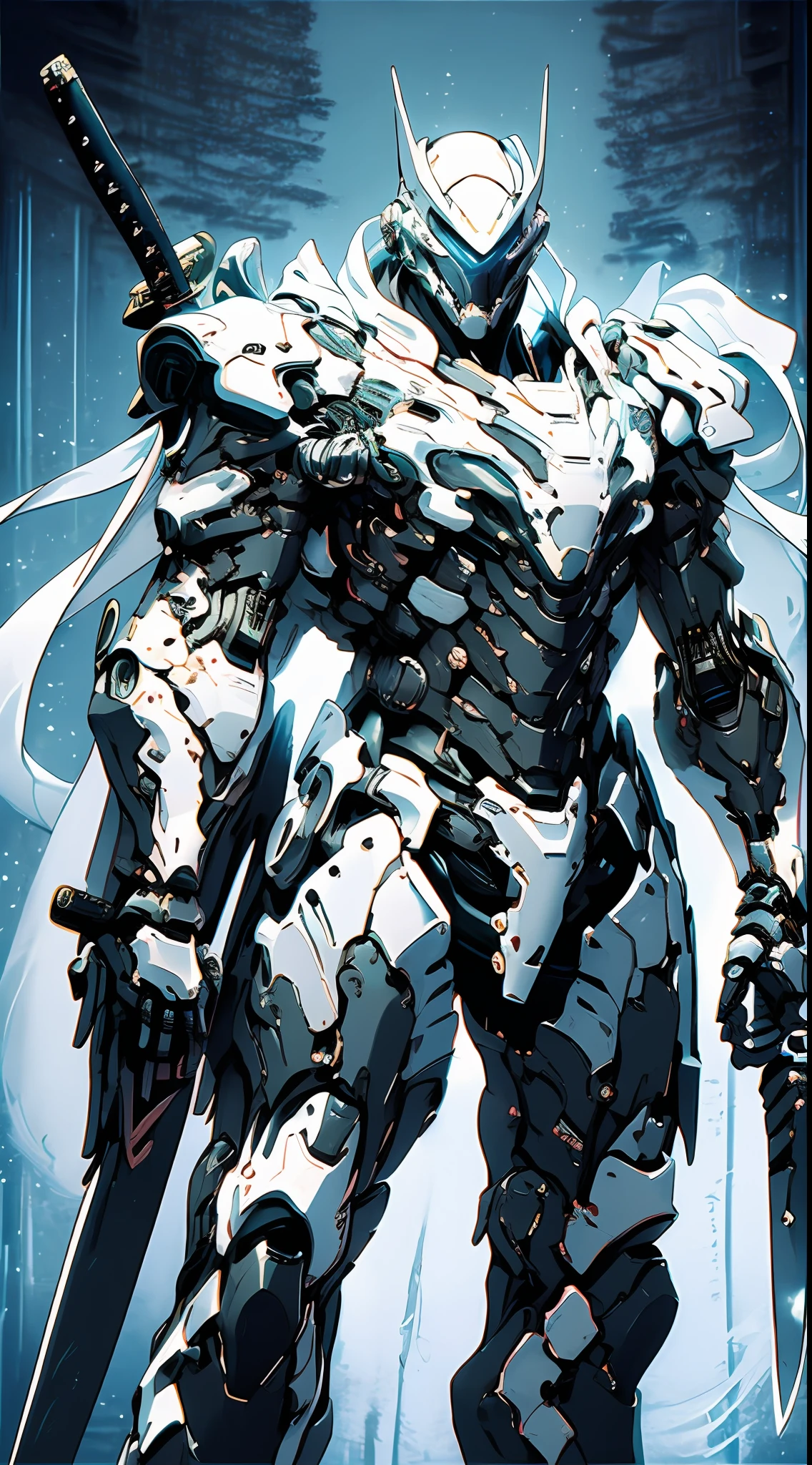 （（black and white line art）），1人， Ghost masks， dynamicposes， Cybernetic samurai armor， Robotic arm， scientific fiction， A glowing mech， Traditional Japanese style，Katana in hand，Combat posture，Negative space，动态照明，清晰的线条，hight contrast，hoang lap，best qualtiy，Negative space，urban backdrop，Perfectcomposition，Chiaroscuro composition