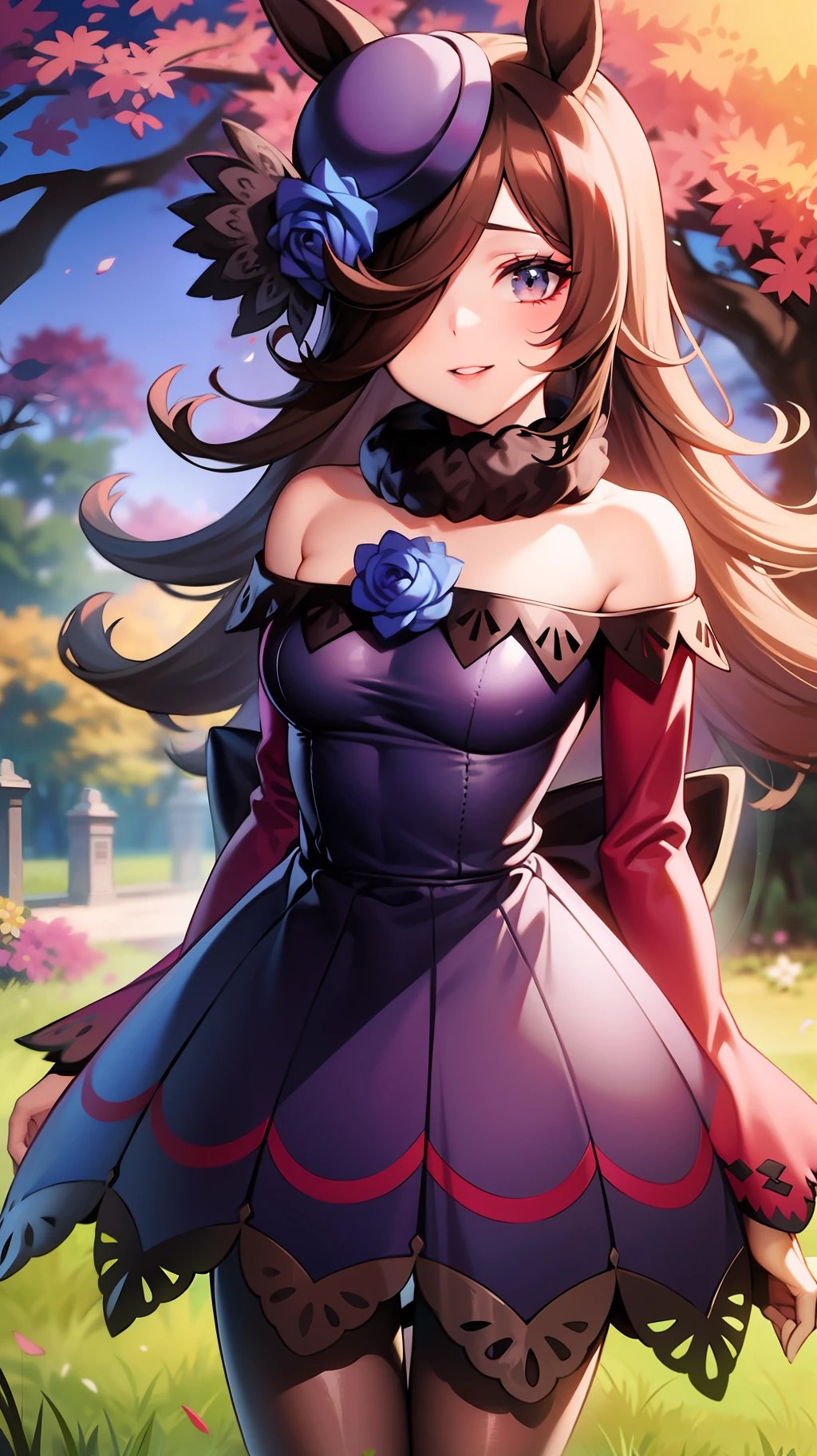 Woman in anime style dress standing among flowers in grass, 1girl in, Solo, Long hair, Horse ears, Outdoors, Dress, Big eyes, Off shoulder dress, pantyhose, hat, Pretty girl, off shoulders, Looking at Viewer, Smile, Brown hair, Bare shoulders, tree, Sloping hat, breasts